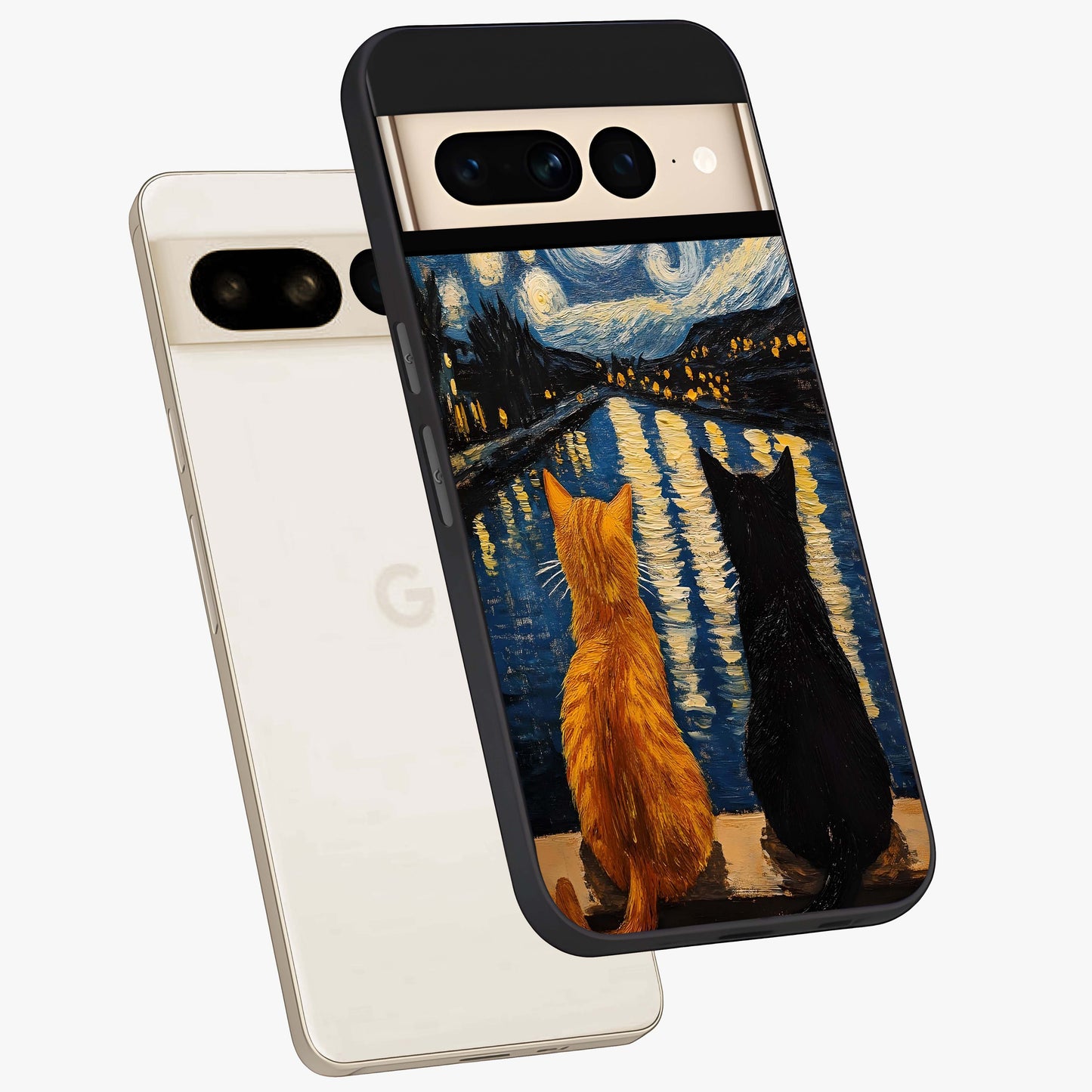Starry River Cats Glass Case displayed in angled mockup highlighting charming feline illustration with dreamy night aesthetic.