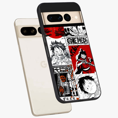 Strawhat Chaos Panels Glass Case displayed in angled mockup highlighting vibrant anime collage design with action aesthetic.