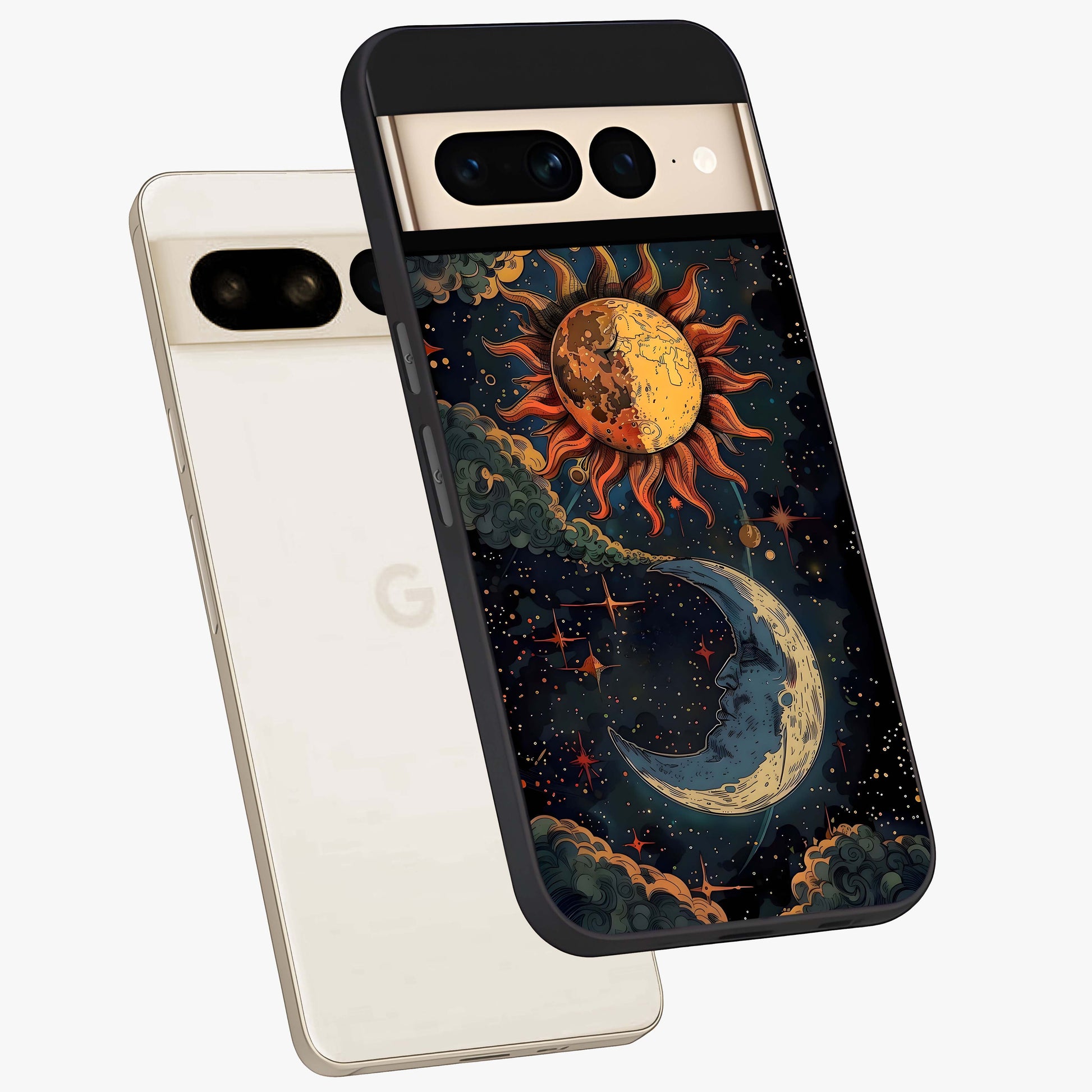 Sun And Moon Magic Design Glass Case displayed in angled mockup highlighting celestial design with magical cosmic aesthetic.