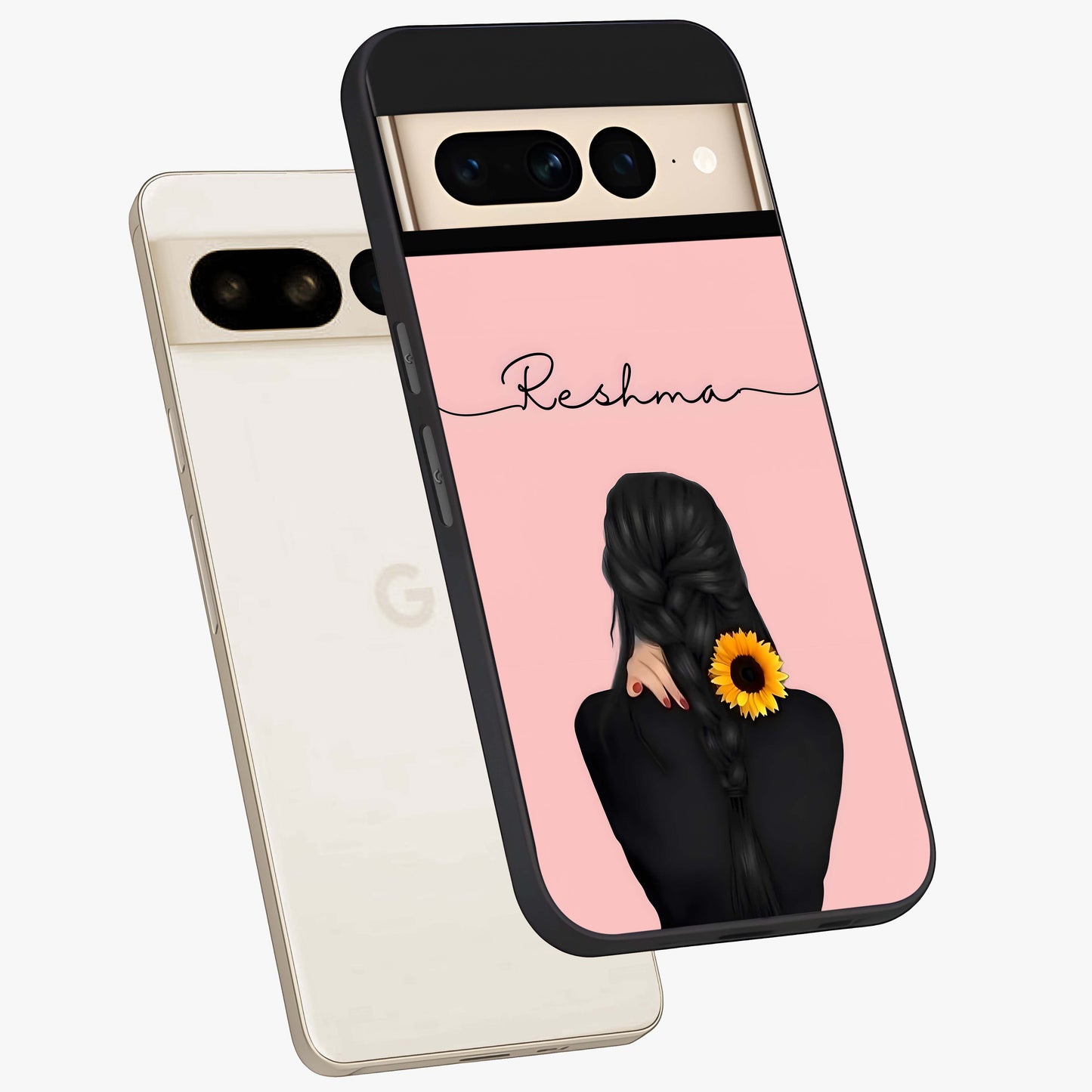 Sunflower Braid Beauty With Custom Name Glass Case displayed in angled mockup highlighting elegant sunflower design with custom name feature.