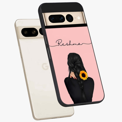 Sunflower Braid Beauty With Custom Name Glass Case displayed in angled mockup highlighting elegant sunflower design with custom name feature.