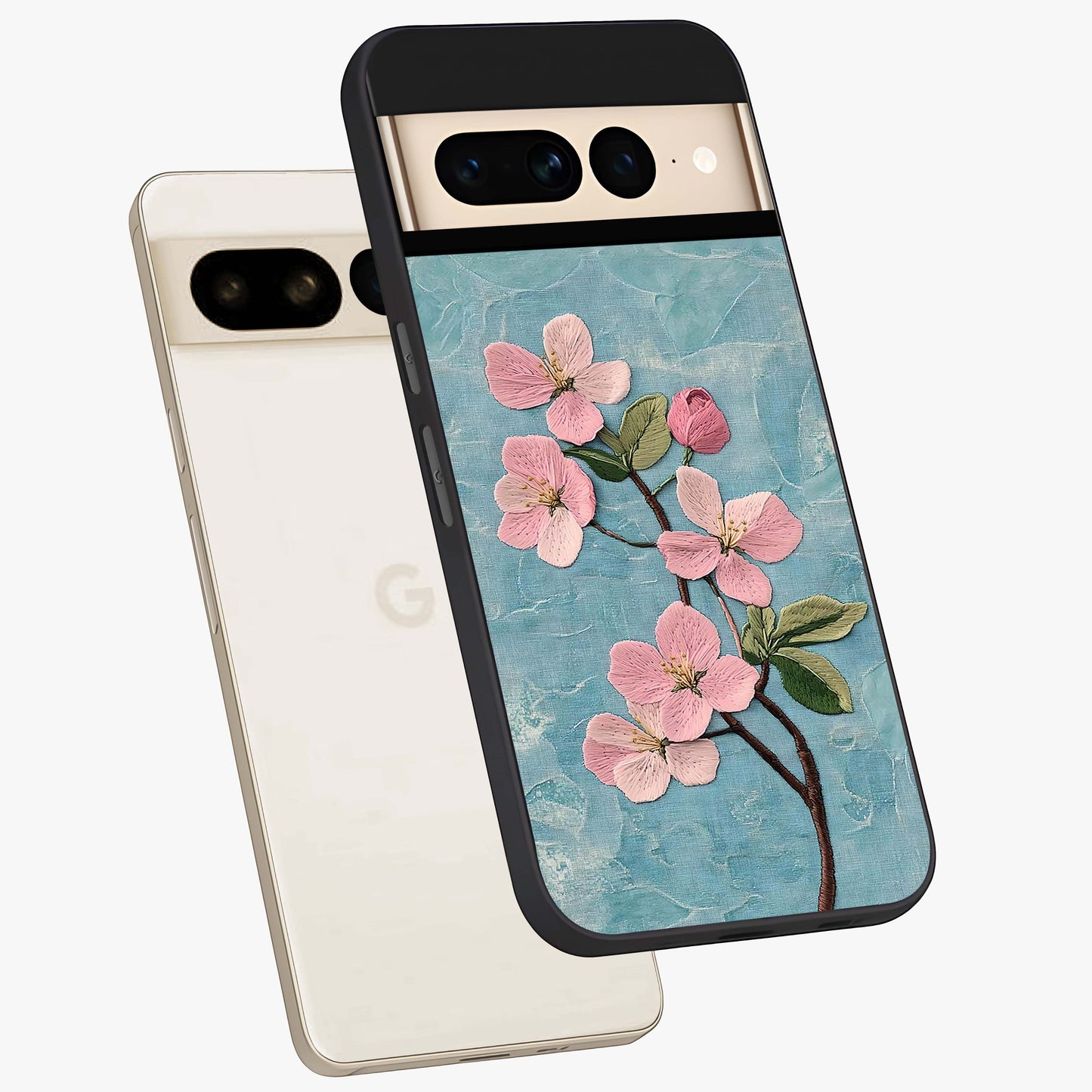 Threaded Blossom Breeze Glass Case displayed in angled mockup highlighting elegant floral design with soft aesthetic style.