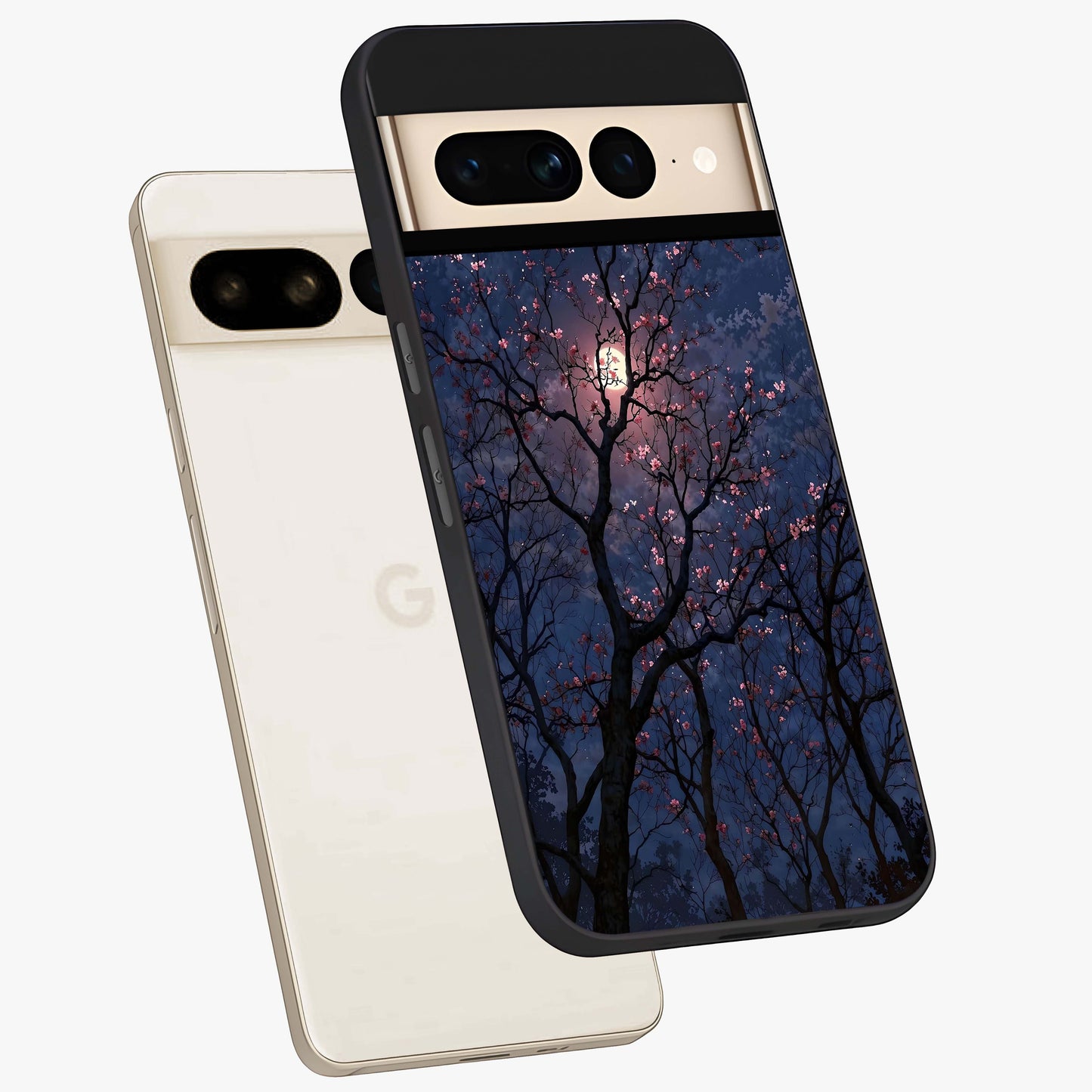 Twilight Sakura Serenade Glass Case displayed in angled mockup highlighting delicate sakura flower design with dreamy aesthetic.