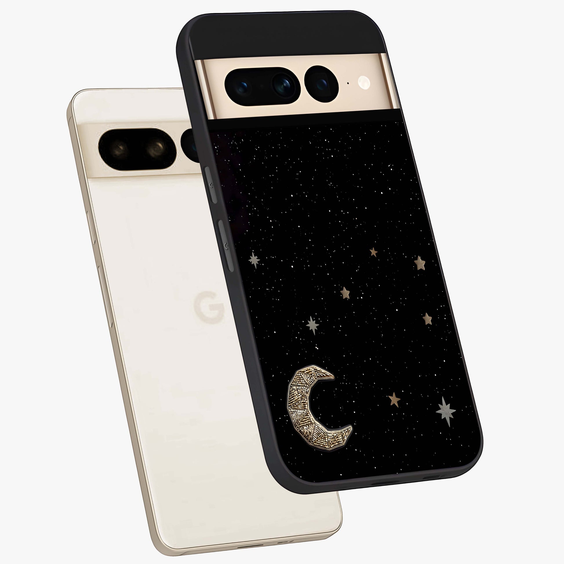 Twinkle Star With Half Moon Glass Case displayed in angled mockup highlighting celestial moon and star design with magical aesthetic.