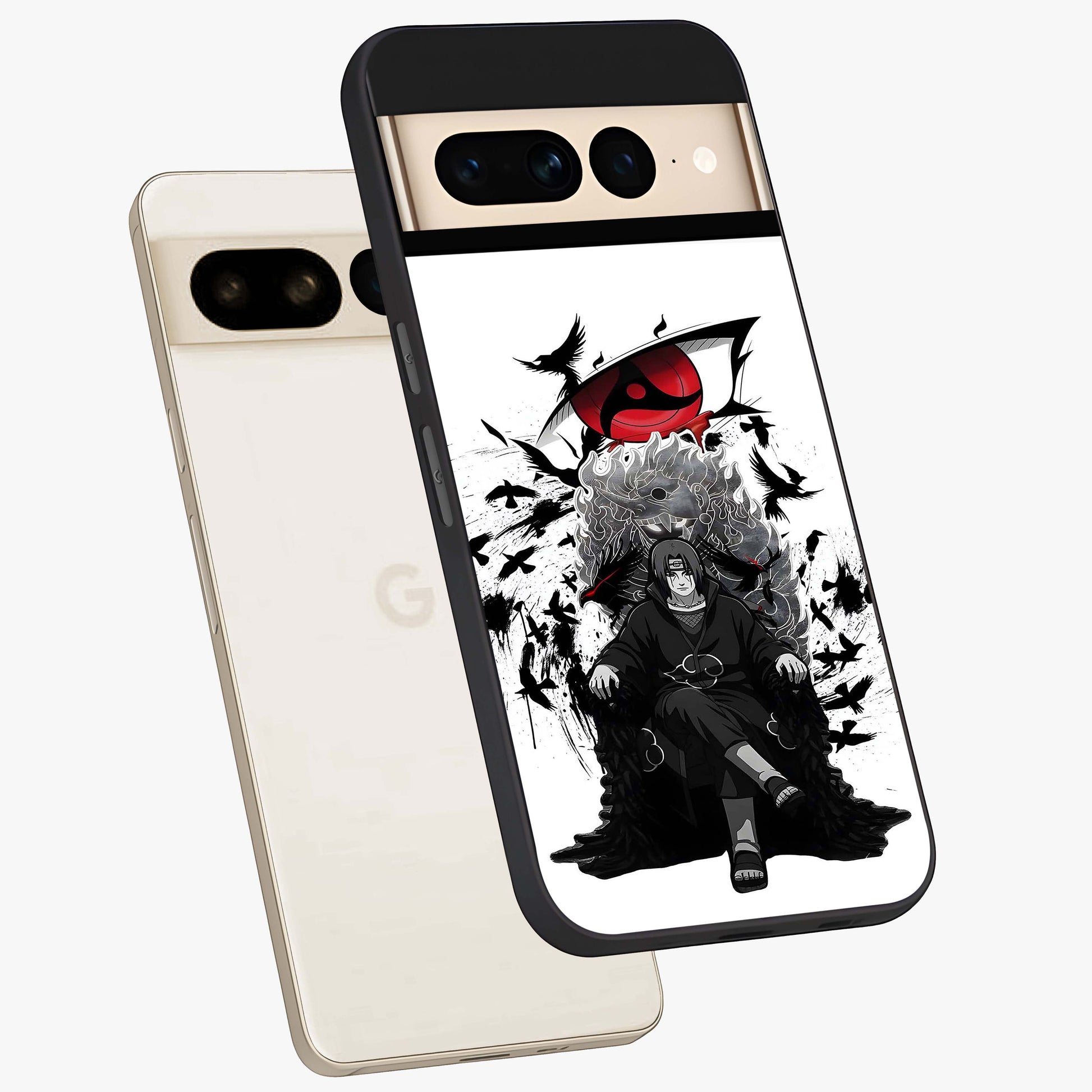 Uchiha Shadow Throne Glass Case displayed in angled mockup highlighting glowing aquatic design with celestial aesthetic.