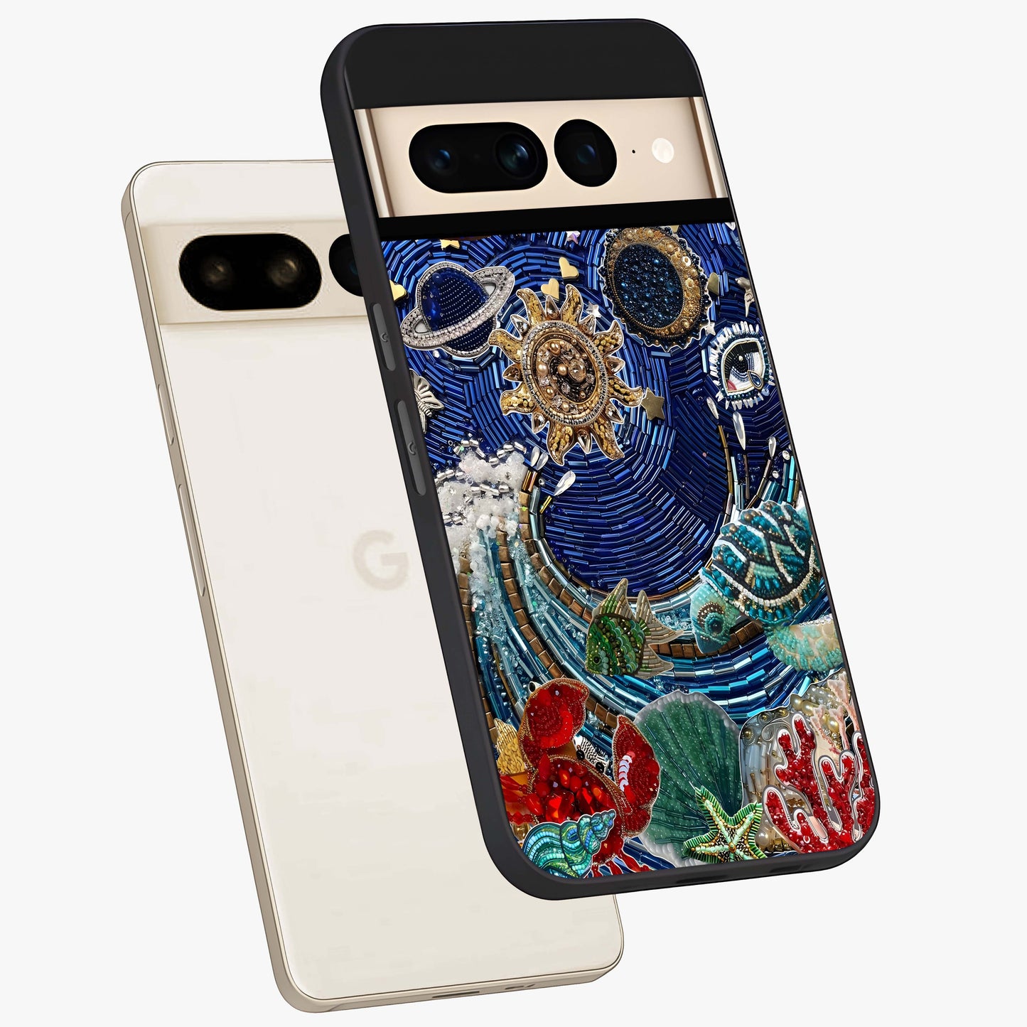 Universe Underwater Spark Glass Case displayed in angled mockup highlighting glowing aquatic design with celestial aesthetic.