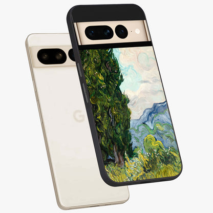 Van Gogh Vintage Art Glass Case displayed in angled mockup highlighting textured brushstroke design with classic aesthetic.
