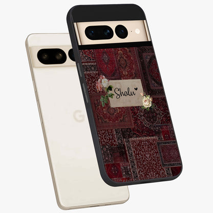 Velvet Wine Pattern Custom Name Glass Case displayed in angled mockup highlighting decorative velvet inspired design with custom name feature.