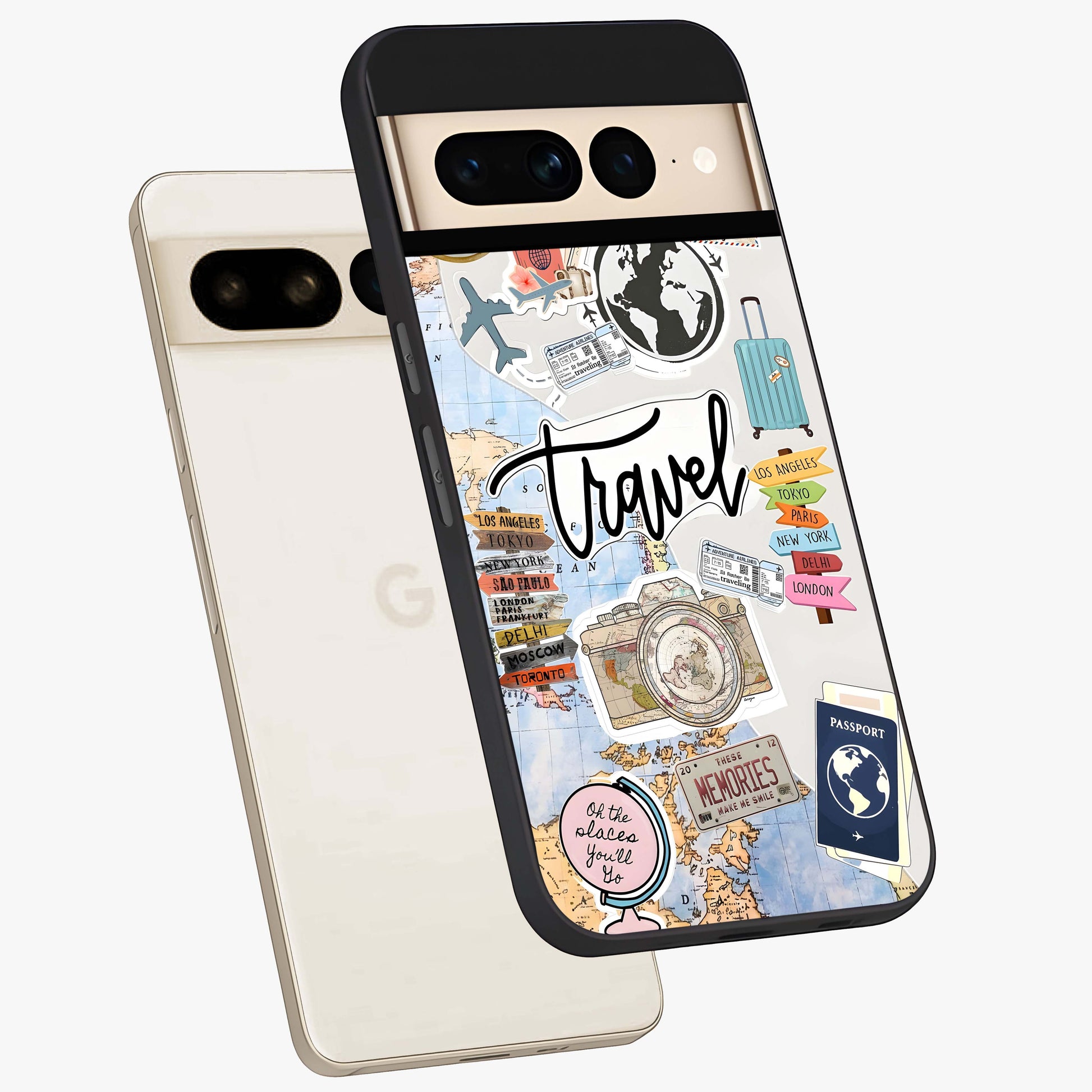 Wanderlust Journal Glass Case displayed in angled mockup highlighting adventure themed design with aesthetic travel vibe.
