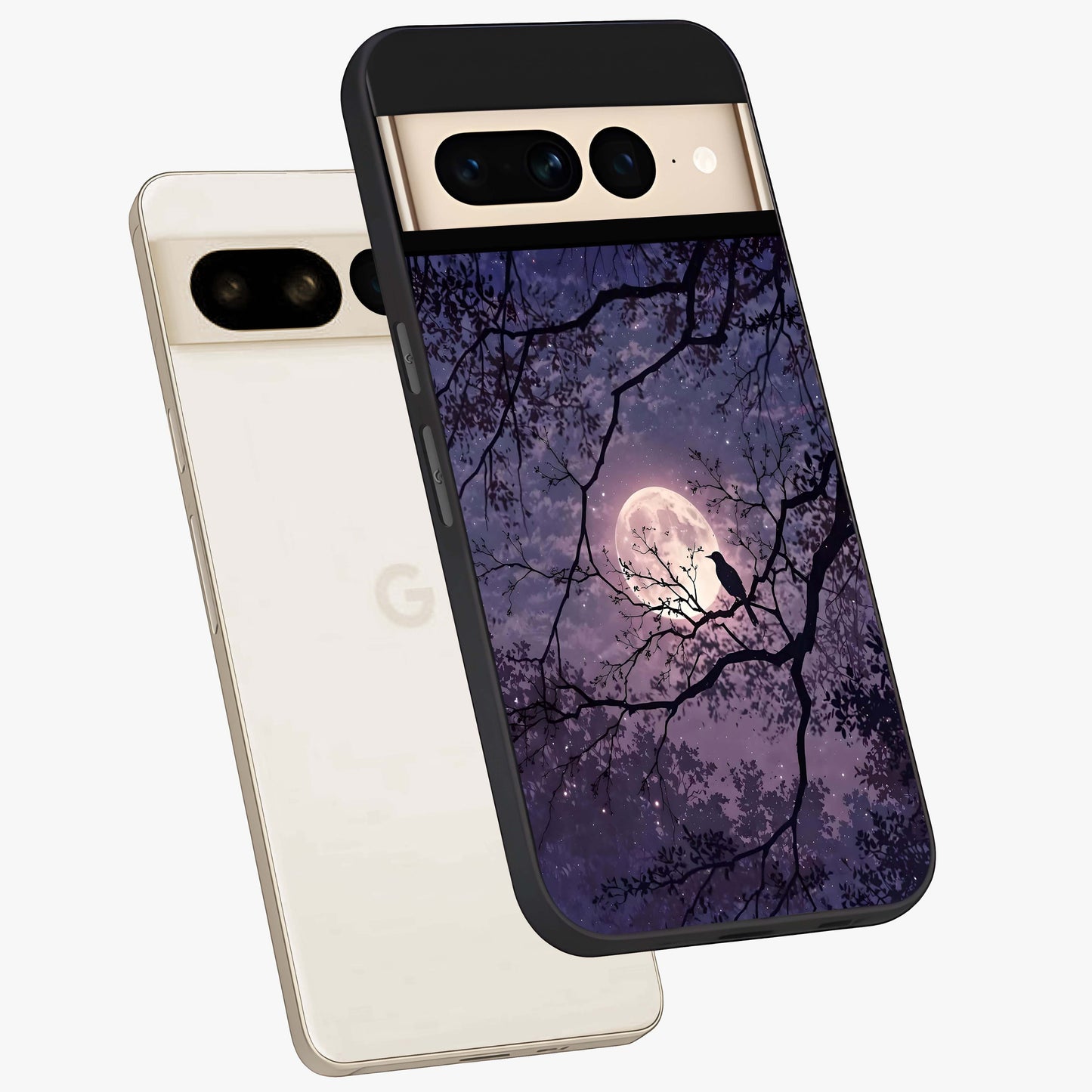 Whispering Moon Silence Glass Case displayed in angled mockup highlighting calm lunar design with dreamy night aesthetic.