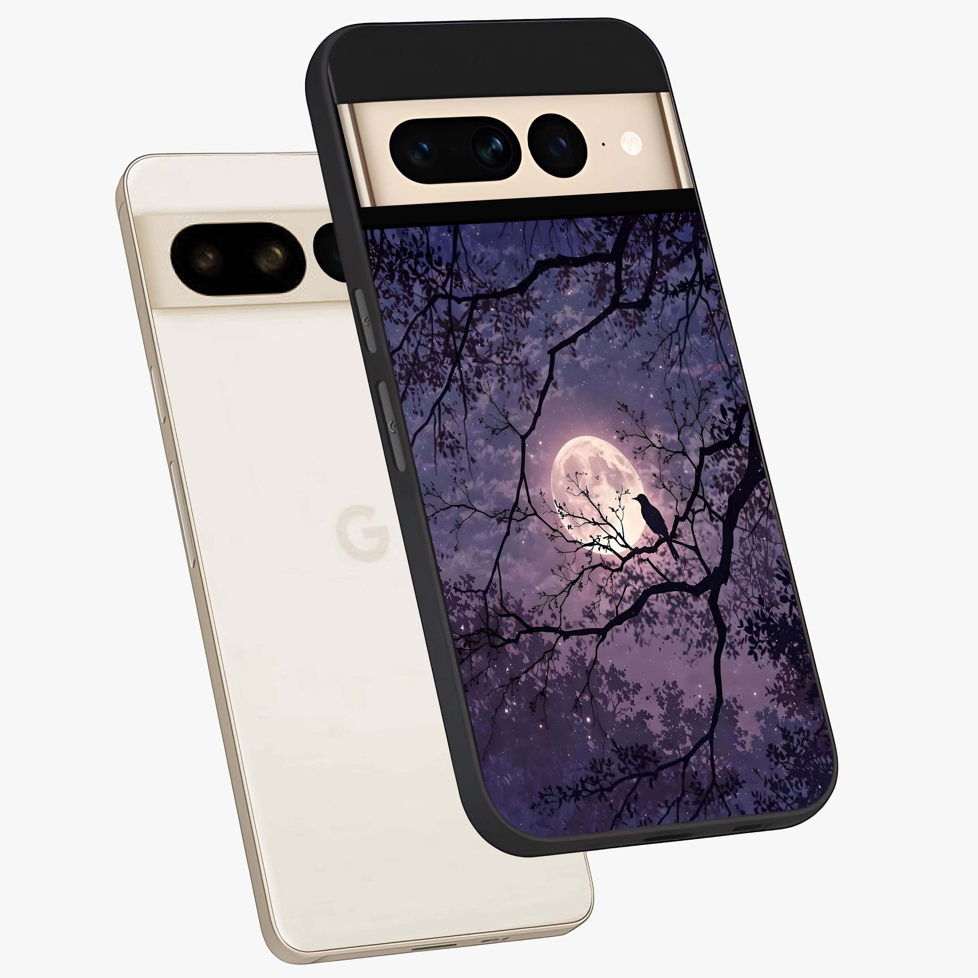 Whispering Moon Silence Glass Case displayed in angled mockup highlighting calm lunar design with dreamy night aesthetic.