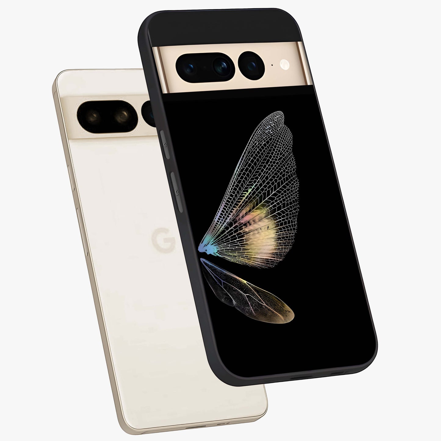 Whispers Of Wings Glass Case displayed in angled mockup highlighting soft feather design with celestial aesthetic style.
