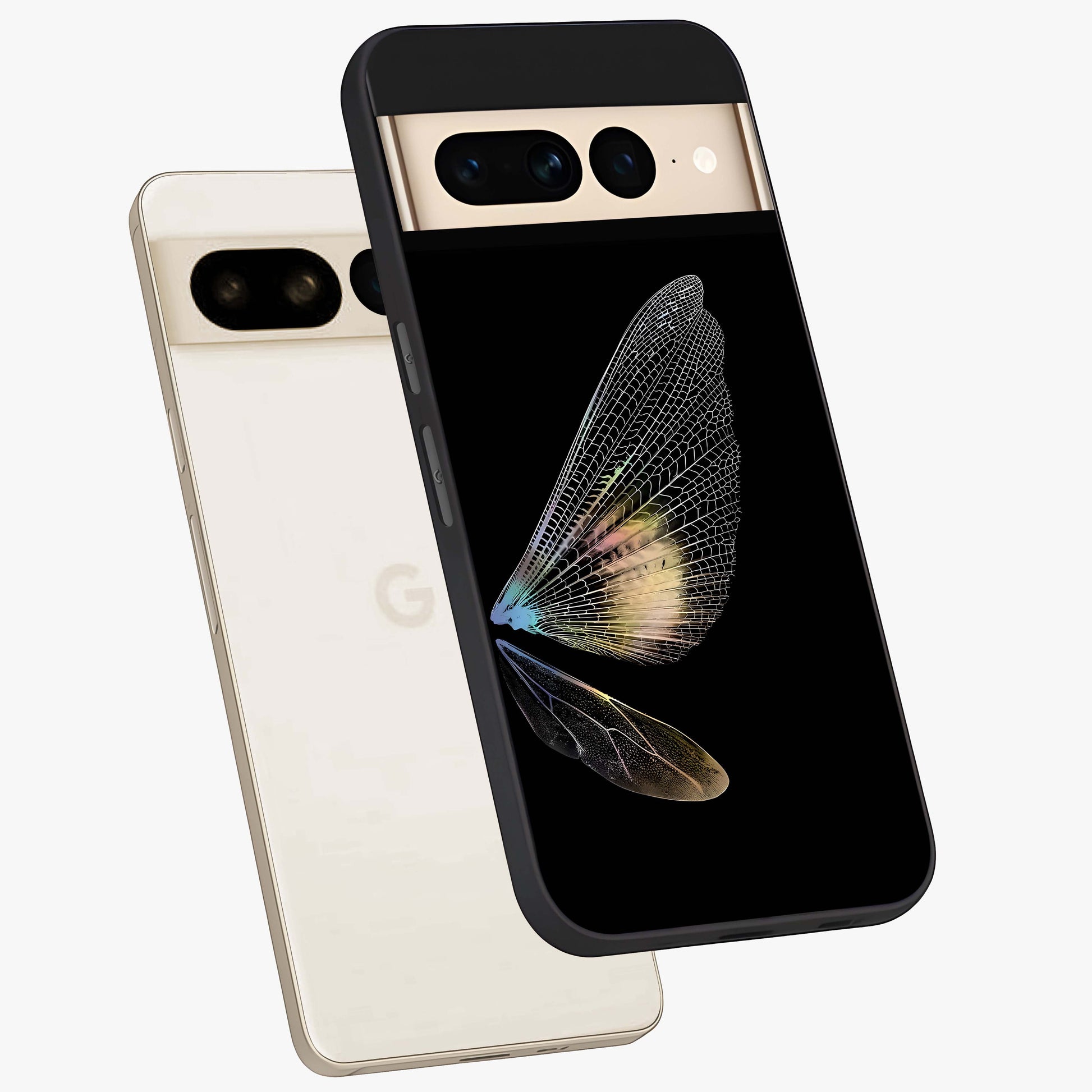 Whispers Of Wings Glass Case displayed in angled mockup highlighting soft feather design with celestial aesthetic style.