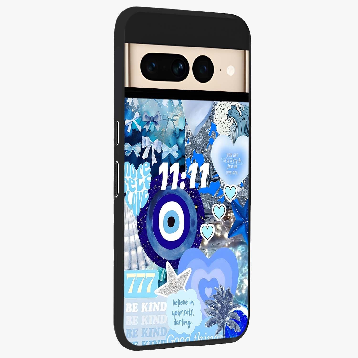 Aesthetic Be Kind Eye Glass Case upright view showcasing stylish eye illustration with positive message theme.