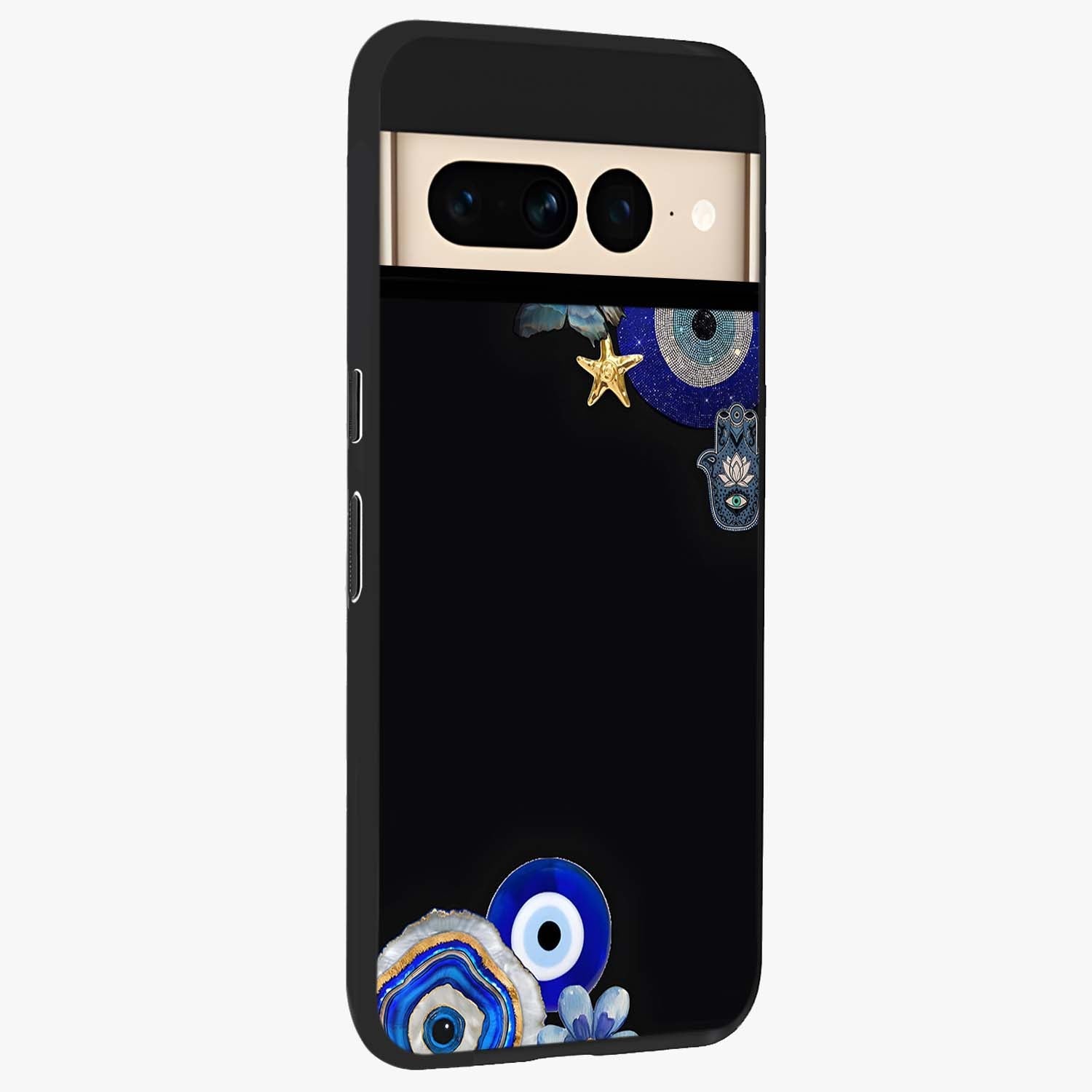 Aesthetic Blue Evil Eye Glass Case upright view showcasing mystical evil eye graphic with minimal aesthetic style.