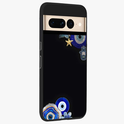 Aesthetic Blue Evil Eye Glass Case upright view showcasing mystical evil eye graphic with minimal aesthetic style.