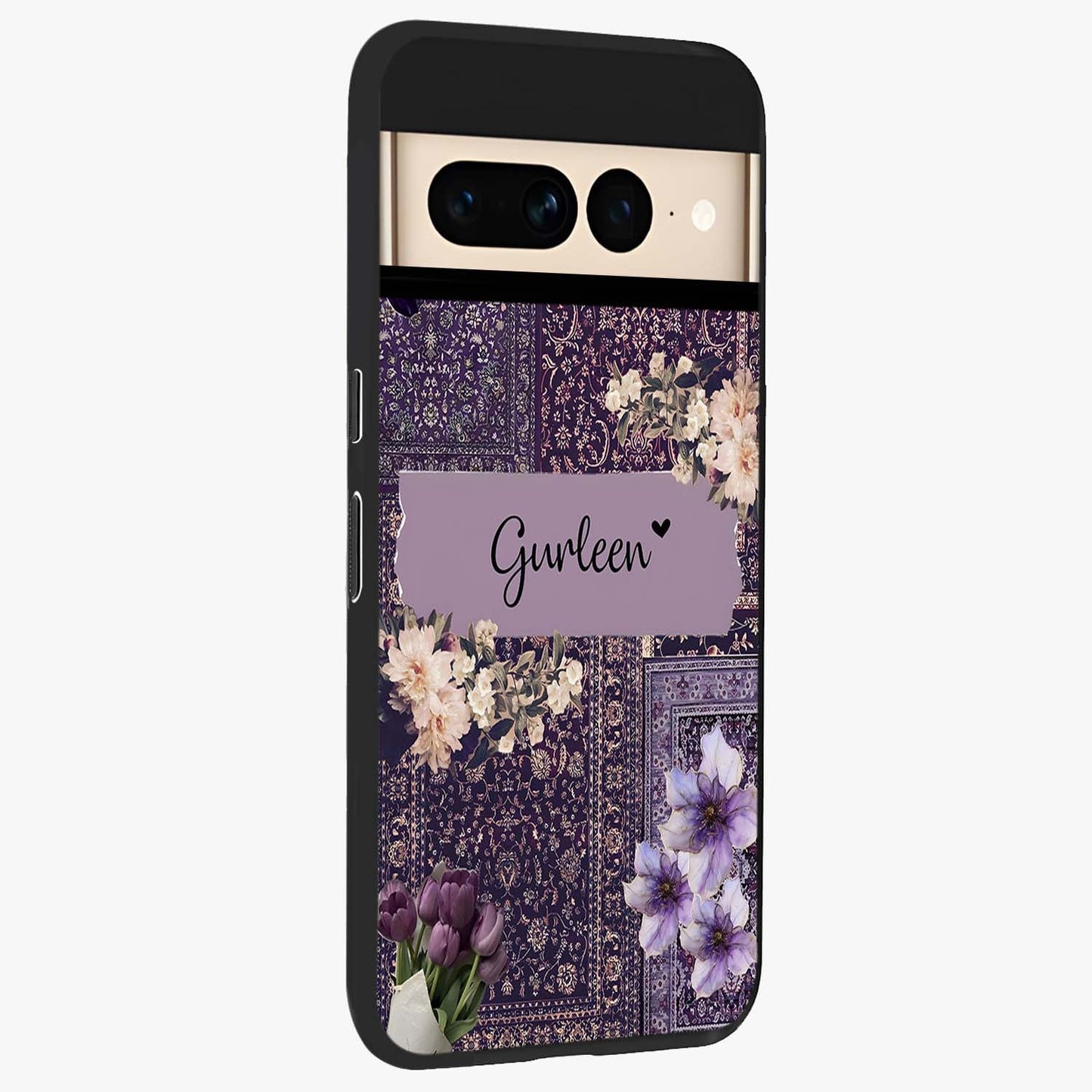 Antique Floral Whisper Custom Name Glass Case upright view showcasing delicate floral artwork with custom name feature.