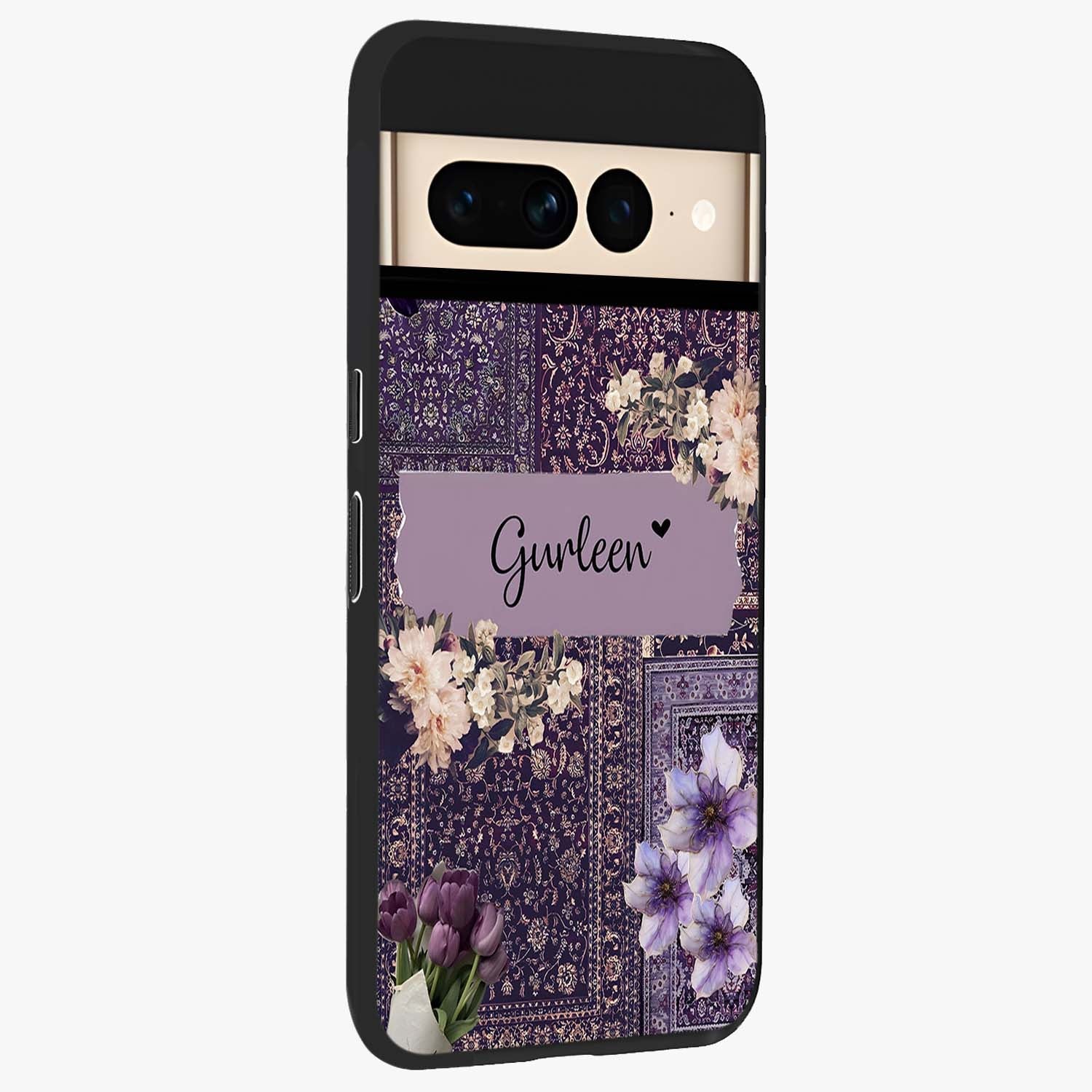 Antique Floral Whisper Custom Name Glass Case upright view showcasing delicate floral artwork with custom name feature.