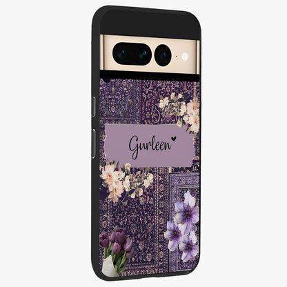 Antique Floral Whisper Custom Name Glass Case upright view showcasing delicate floral artwork with custom name feature.
