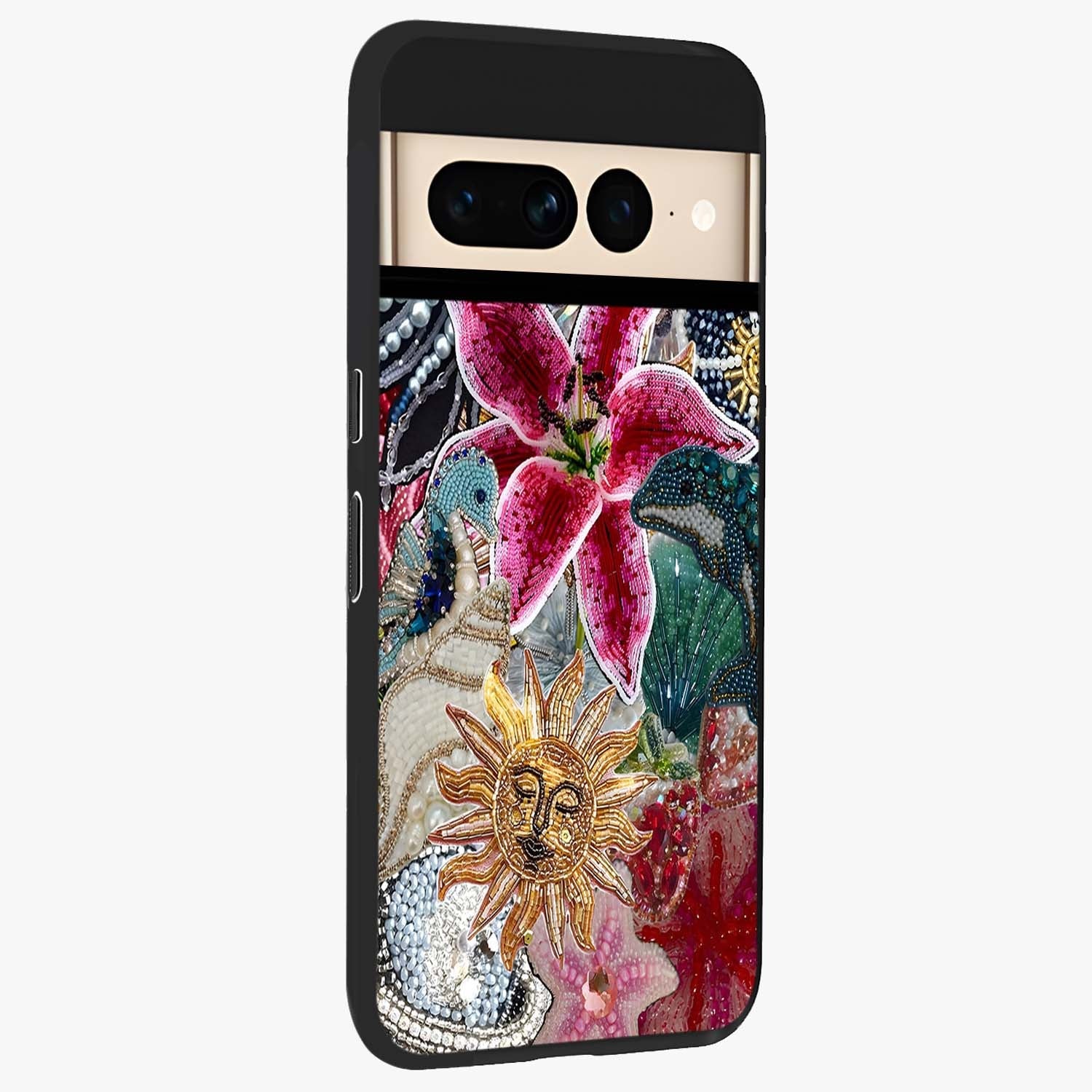 Beaded Garden Fantasy Glass Case upright view showcasing whimsical garden aesthetic with artistic bead details.