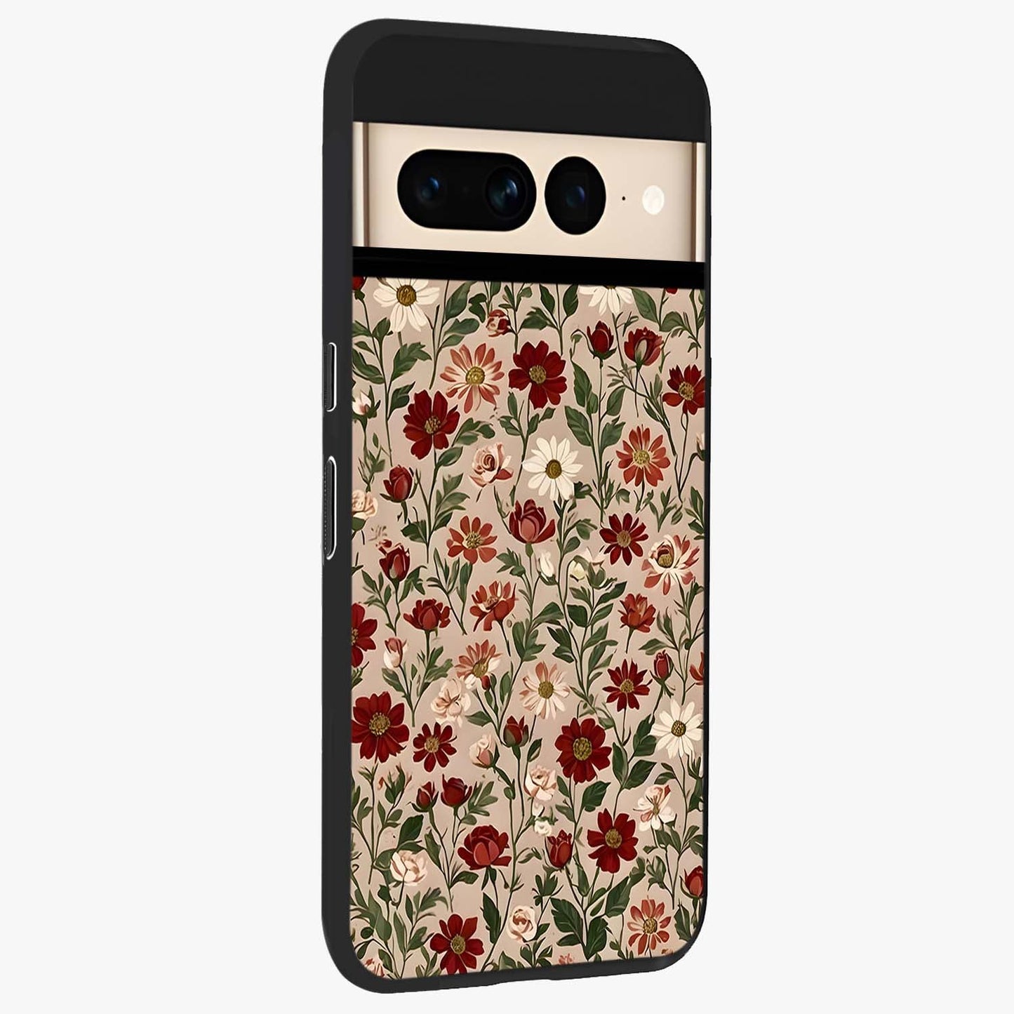 Biege Flower With Leaf Glass Case upright view showcasing delicate beige flower illustration with clean botanical style.
