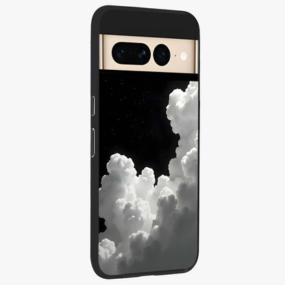 Black Background With White Cloud Glass Case upright view showcasing calm cloud aesthetic with modern minimal style.