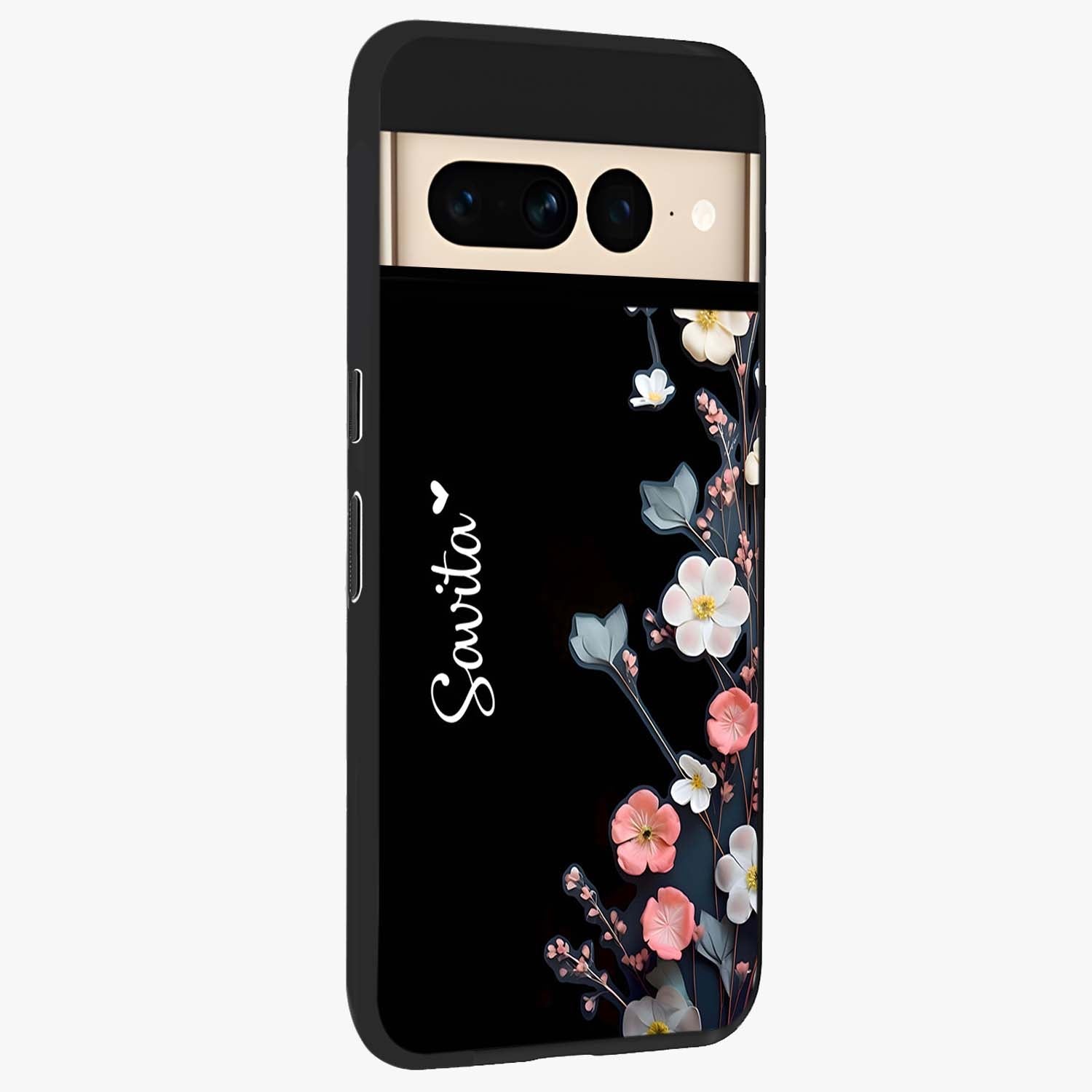 Black Elegance Floral Custom Name Glass Case upright view showcasing luxurious black floral design with personalized name detail.