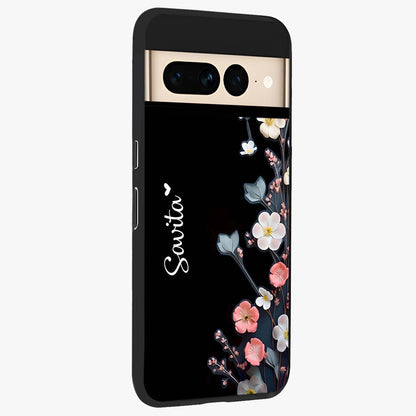 Black Elegance Floral Custom Name Glass Case upright view showcasing luxurious black floral design with personalized name detail.