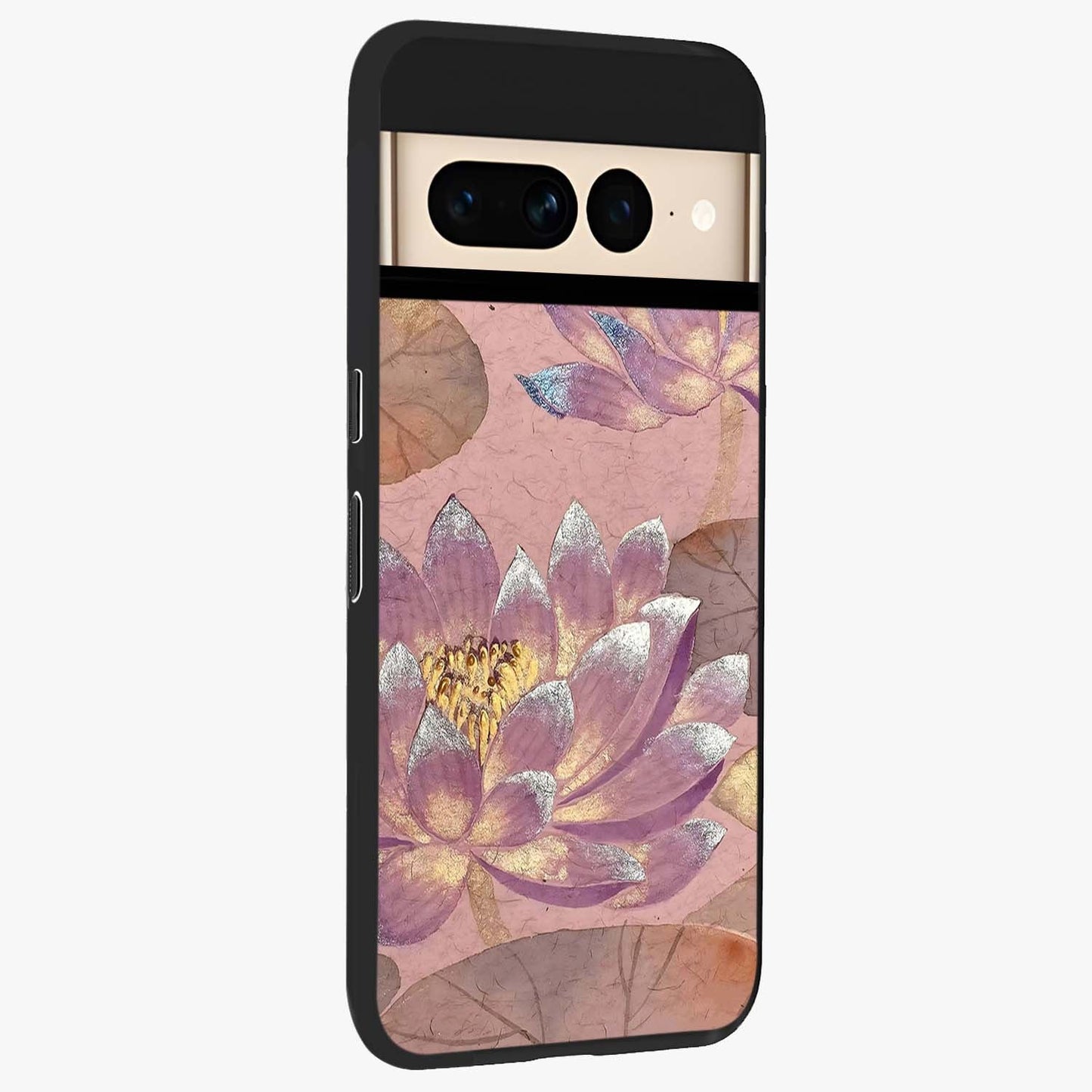 Blossom Mist Lotus Glass Case upright view showcasing graceful lotus flower design with peaceful botanical style.