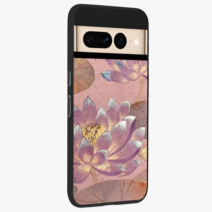 Blossom Mist Lotus Glass Case upright view showcasing graceful lotus flower design with peaceful botanical style.