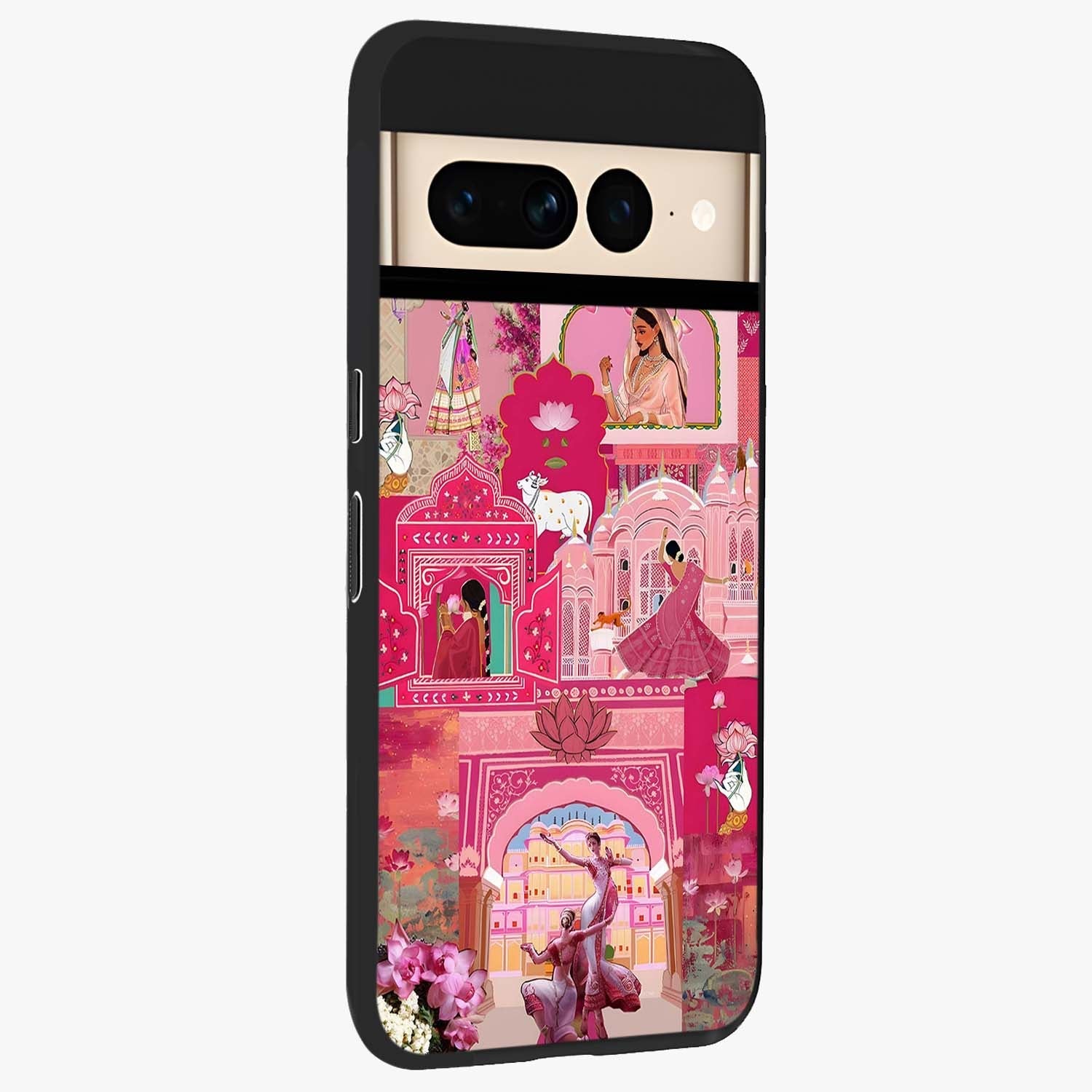 Blossoms of Rajasthan Glass Case upright view showcasing colorful floral design inspired by traditional Indian art.