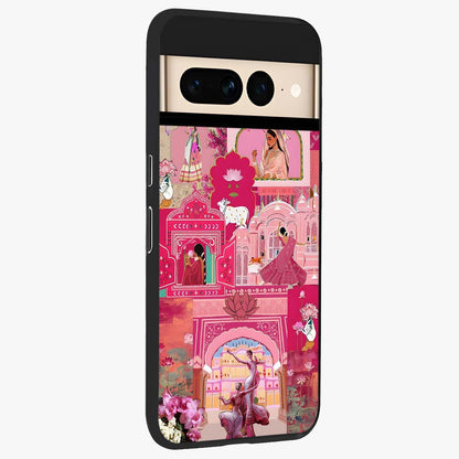 Blossoms of Rajasthan Glass Case upright view showcasing colorful floral design inspired by traditional Indian art.