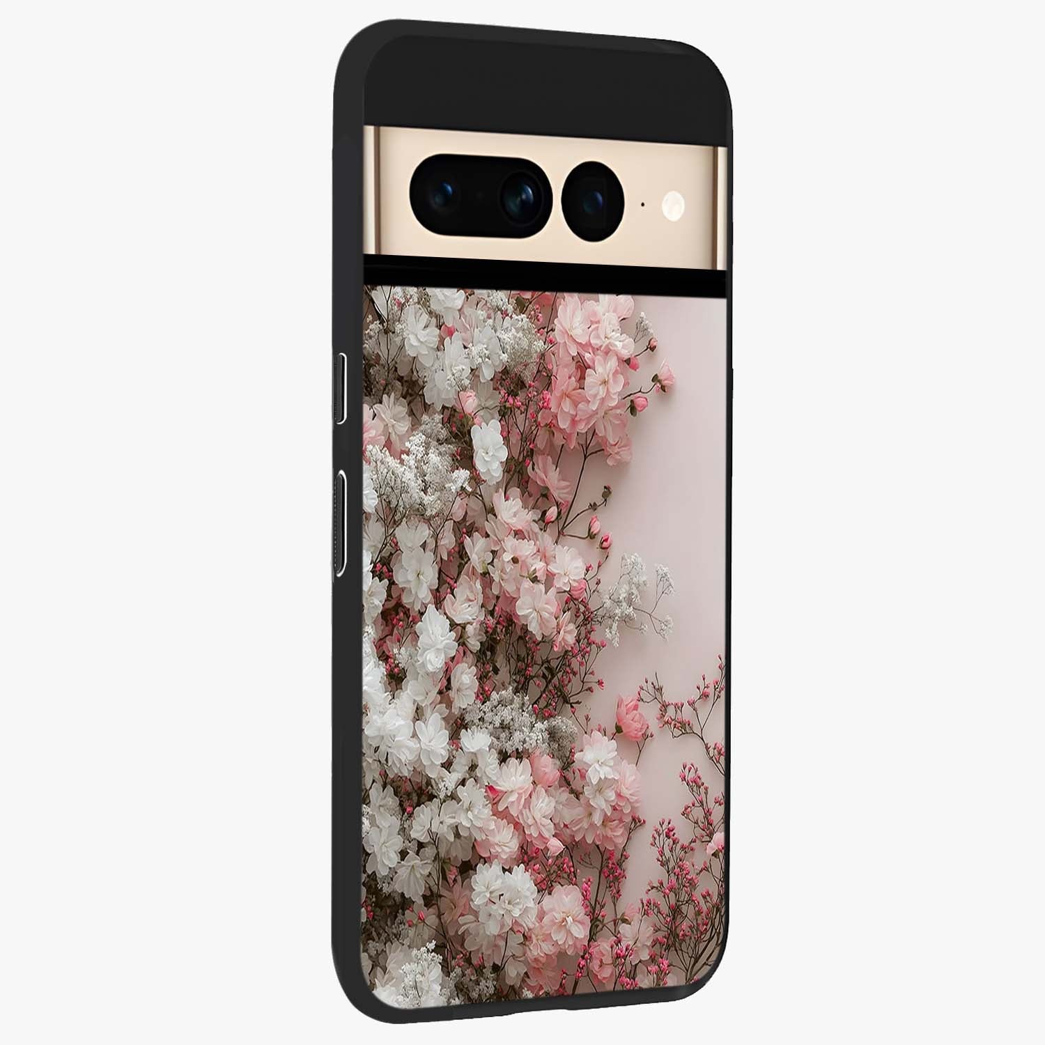 Blush Blossom Cloud Glass Case upright view showcasing calm floral cloud artwork with gentle dreamy theme.