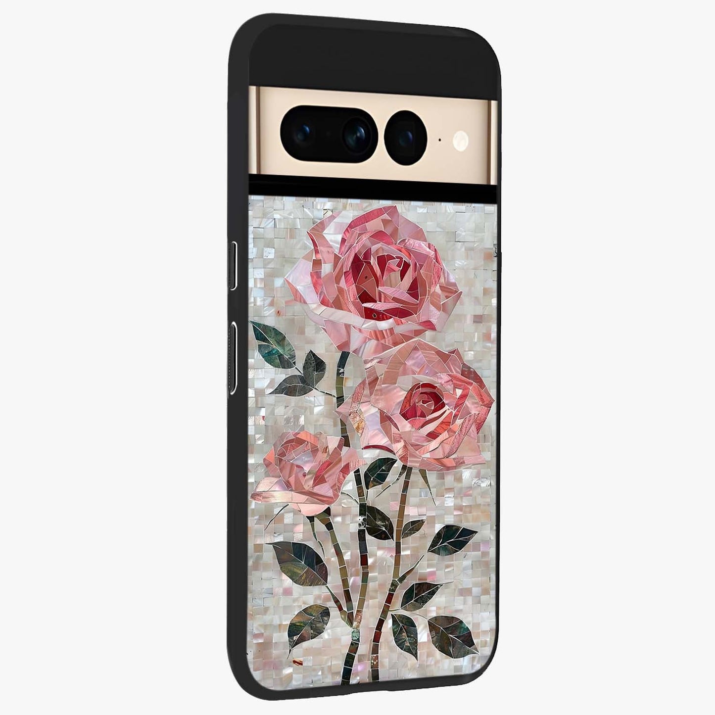 Blush Mosaic Bloom Glass Case upright view showcasing decorative floral mosaic artwork with stylish modern aesthetic.
