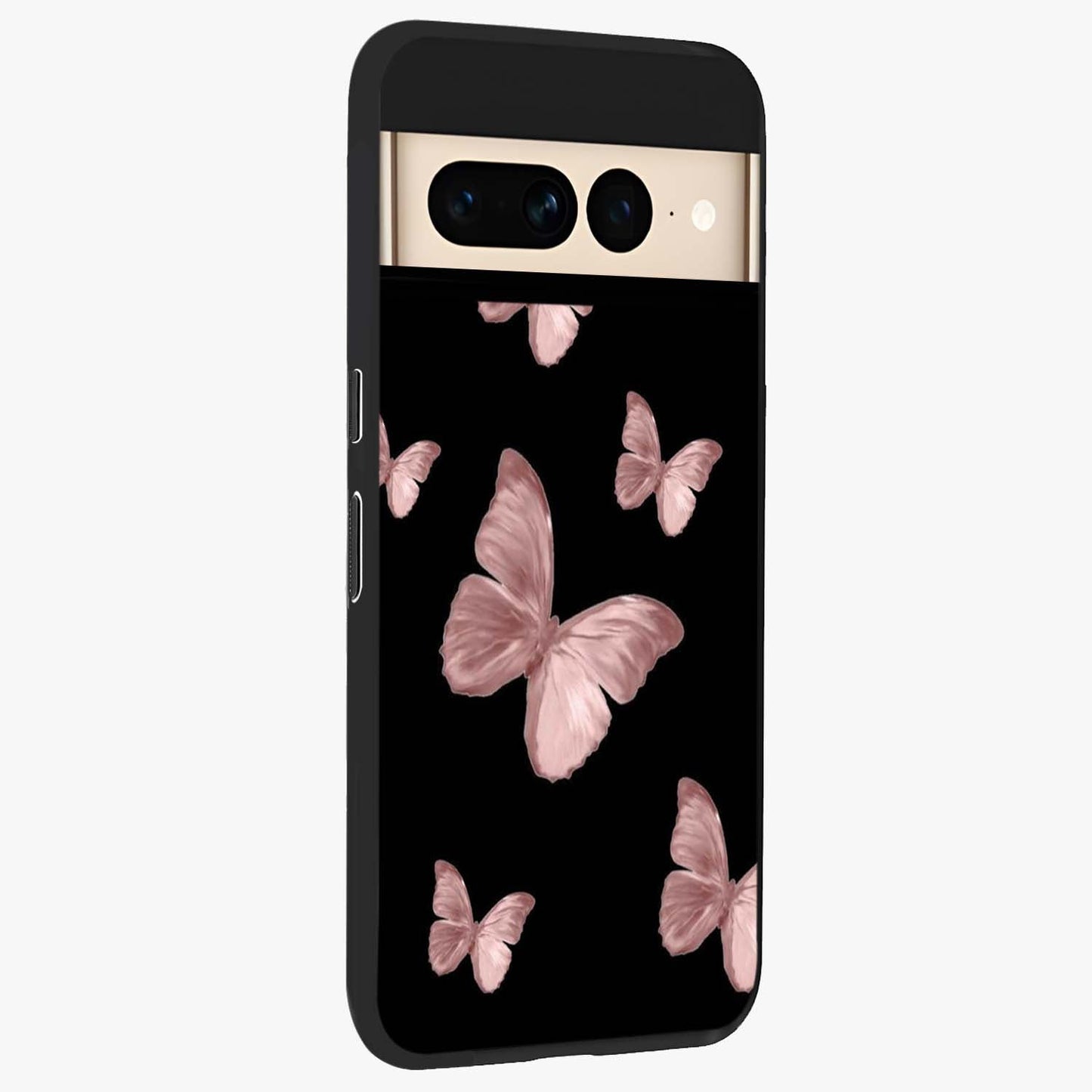 Butterfly Pattern Glass Case upright view showcasing graceful butterfly artwork with soft decorative theme.