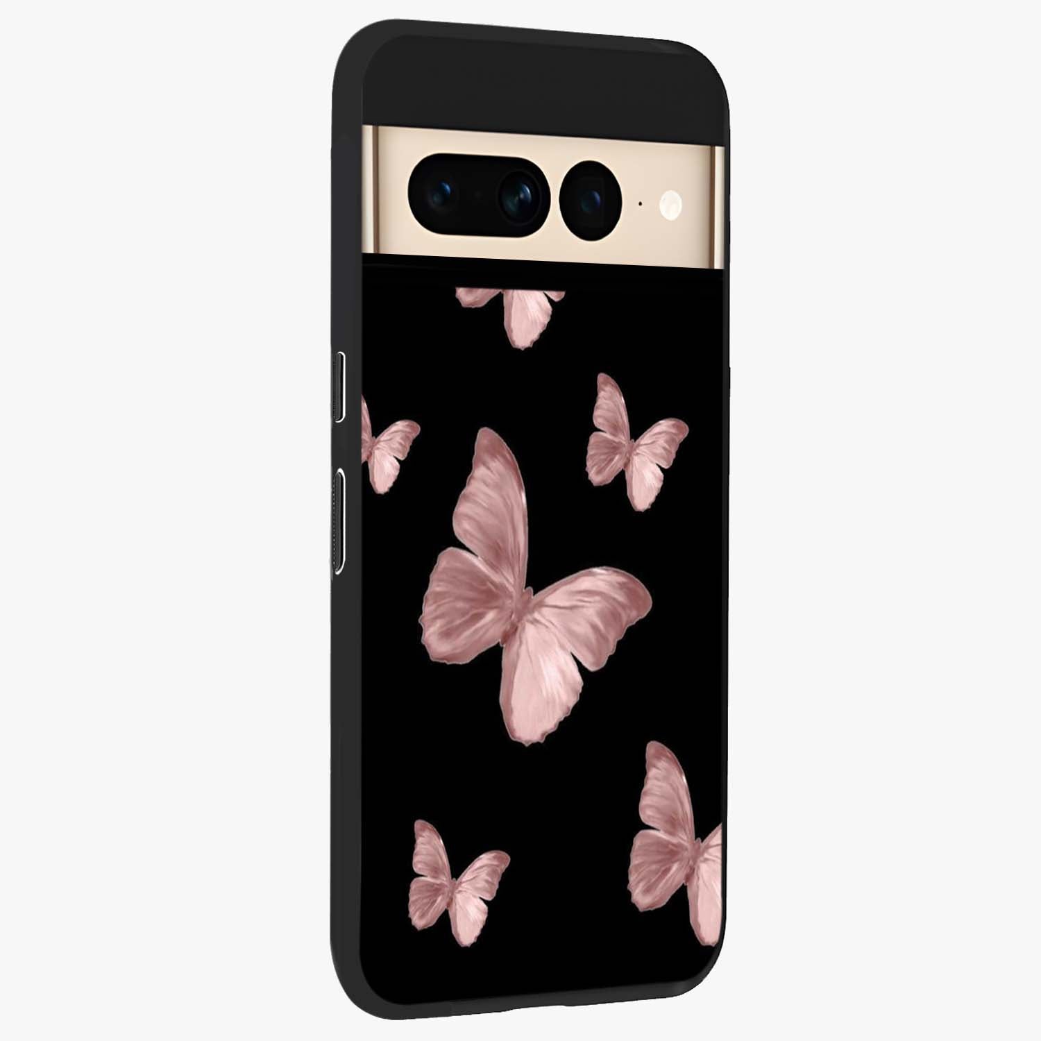 Butterfly Pattern Glass Case upright view showcasing graceful butterfly artwork with soft decorative theme.