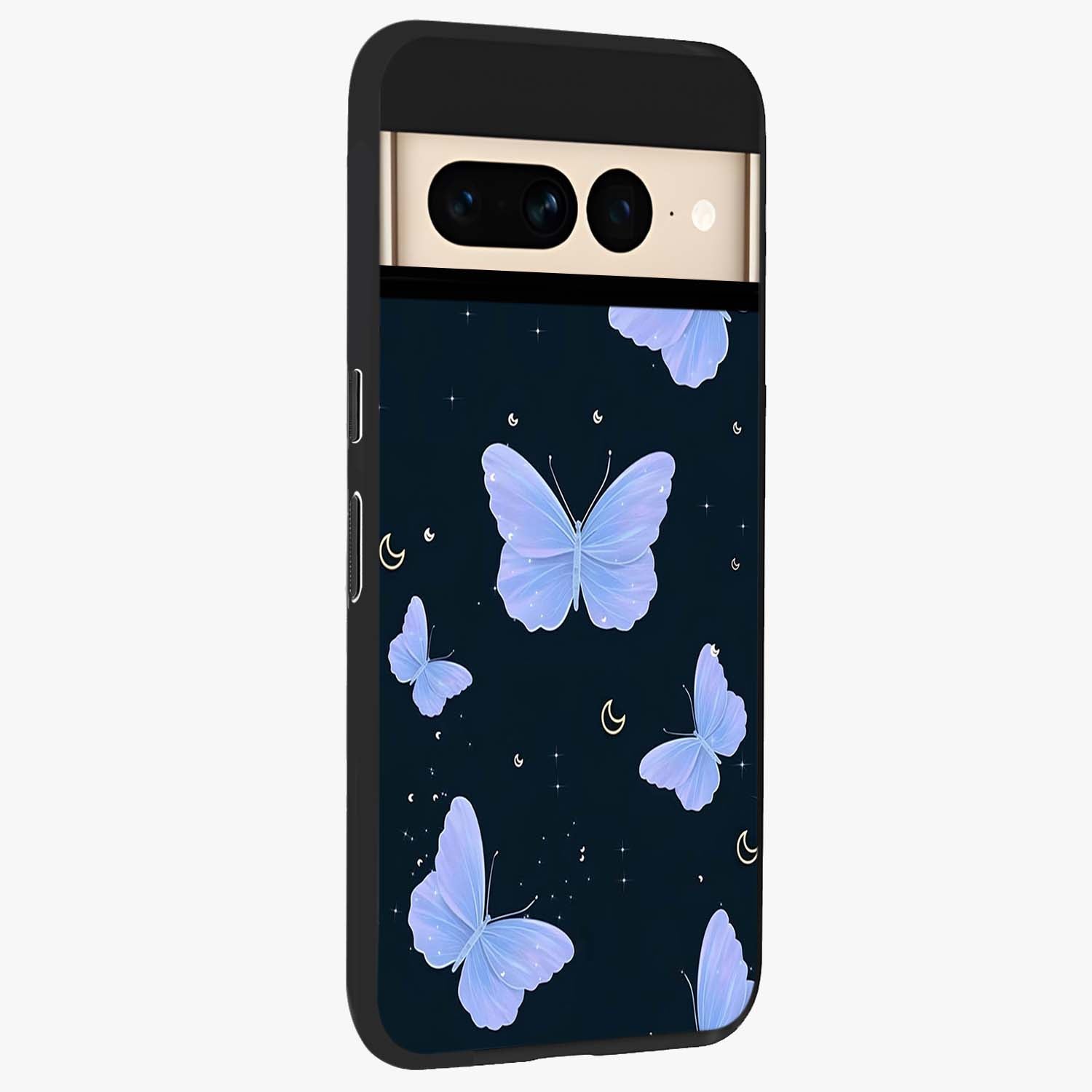 Butterfly With Stars Pattern Glass Case upright view showcasing celestial butterfly artwork with sparkling star elements.