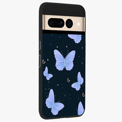 Butterfly With Stars Pattern Glass Case upright view showcasing celestial butterfly artwork with sparkling star elements.
