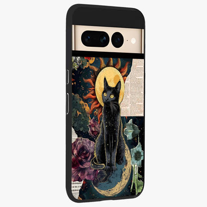 Celestial Black Cat Glass Case upright view showcasing magical black cat illustration with starry cosmic theme.