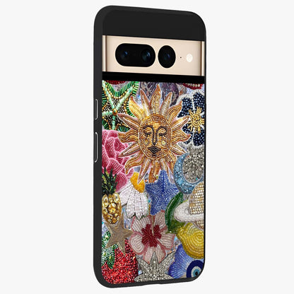 Celestial Floral and Playful Glass Case upright view showcasing whimsical floral artwork with cosmic aesthetic theme.