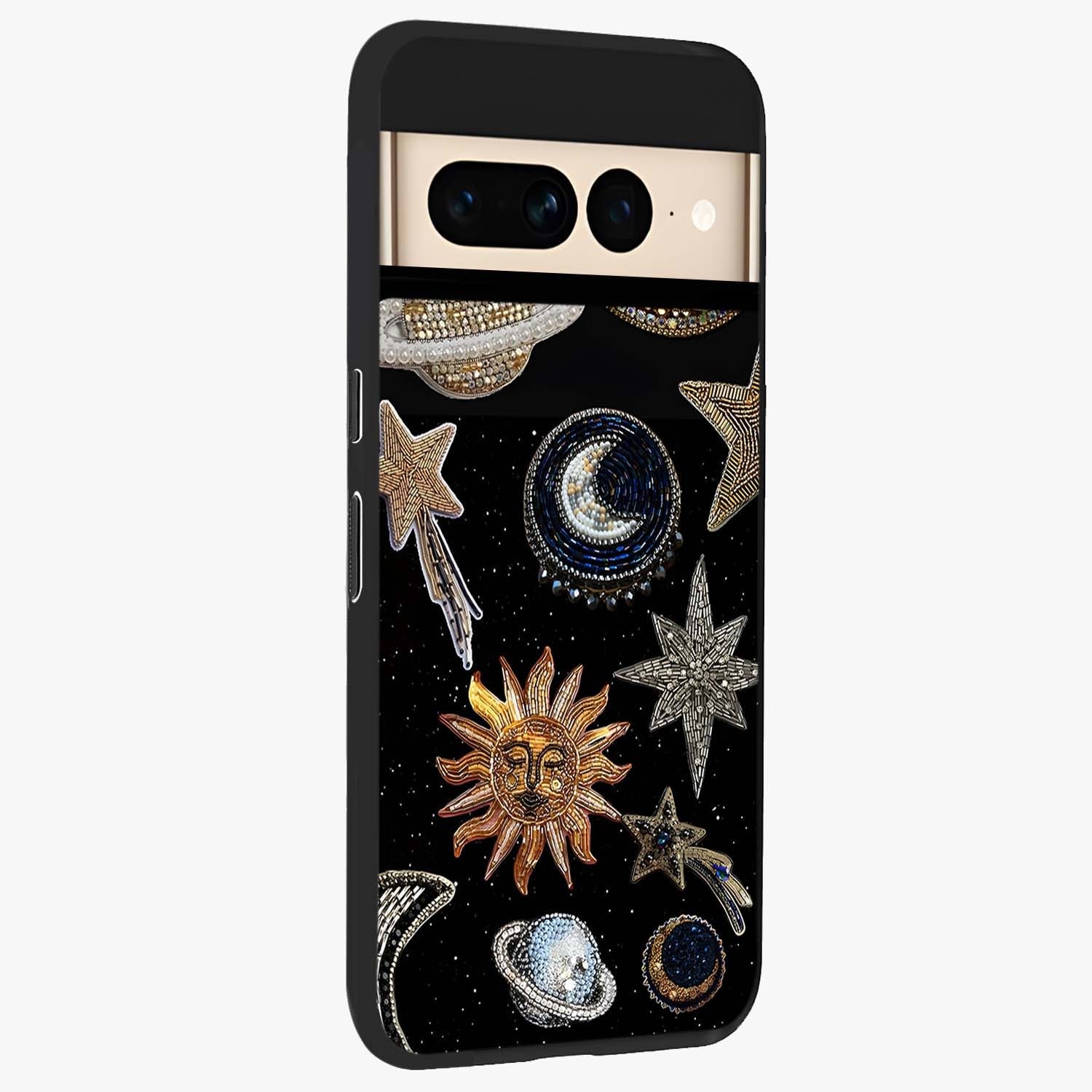 Celestial Gem Constellations Glass Case upright view showcasing cosmic constellation artwork with celestial aesthetic style.