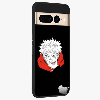 Crimson Chaos Smile Glass Case upright view showcasing expressive chaotic artwork with striking visual theme.