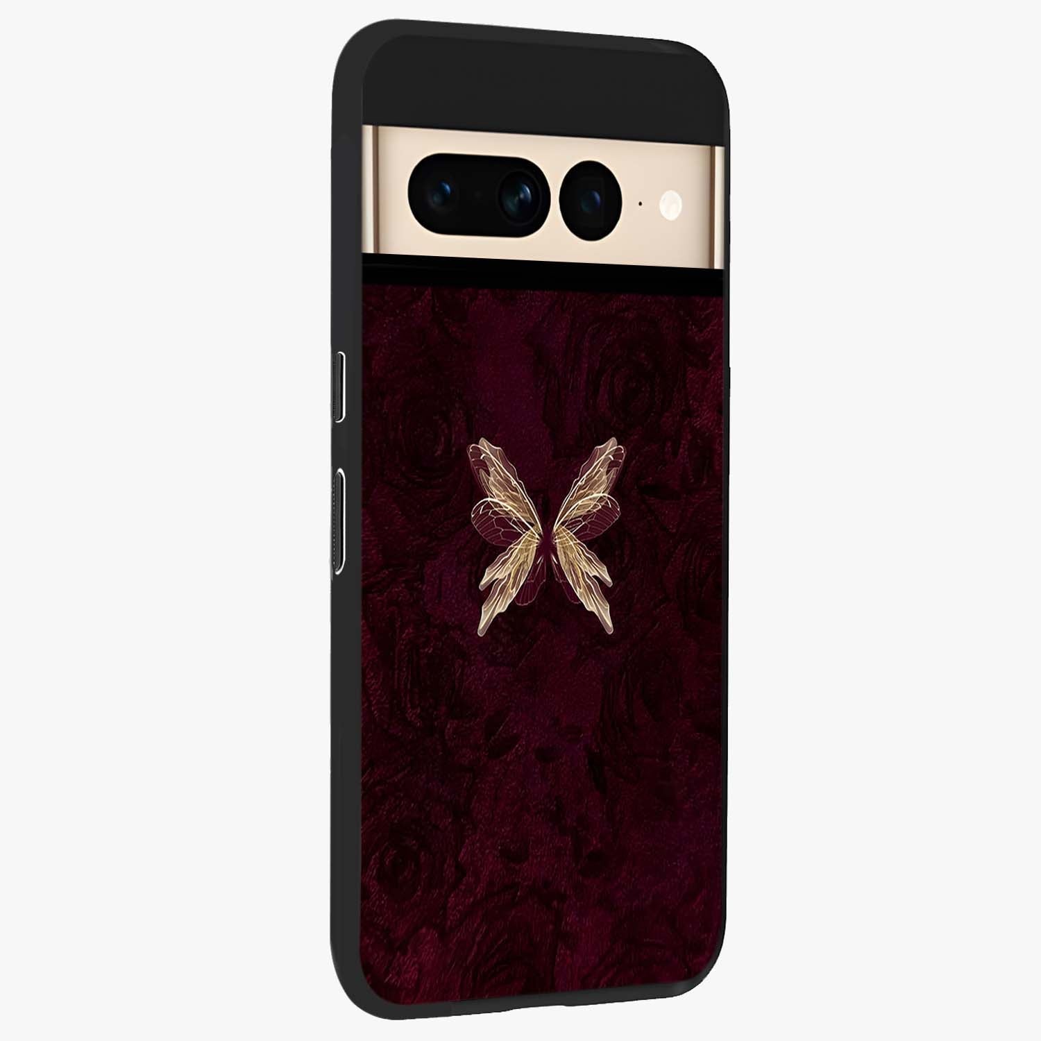 Crimson Fade Butterfly Glass Case upright view showcasing graceful butterfly artwork with soft crimson fade effect.