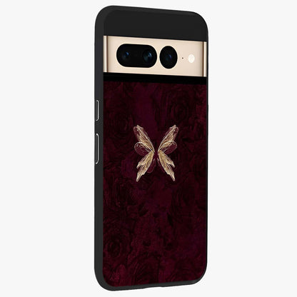 Crimson Fade Butterfly Glass Case upright view showcasing graceful butterfly artwork with soft crimson fade effect.