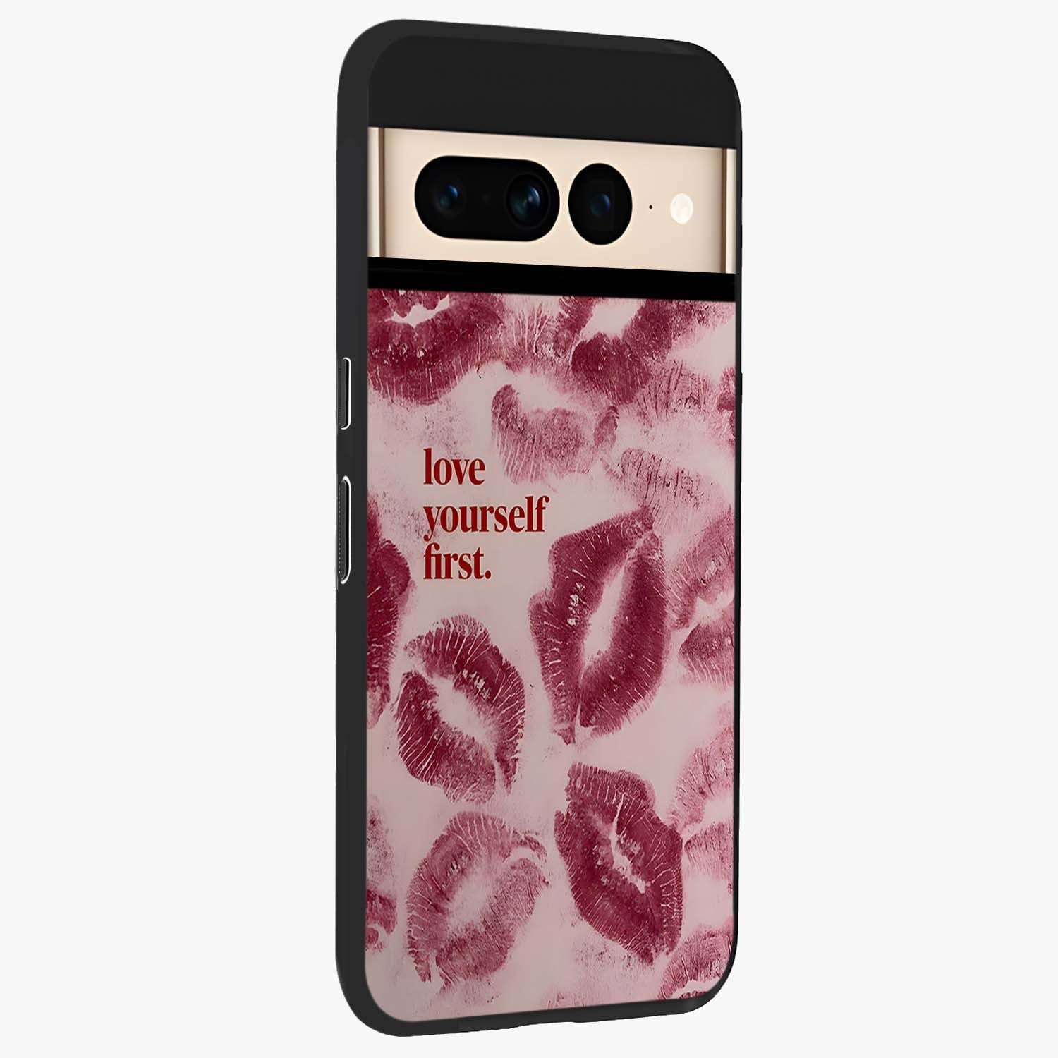 Crimson Kiss Love Glass Case upright view showcasing expressive romantic artwork with deep crimson theme.