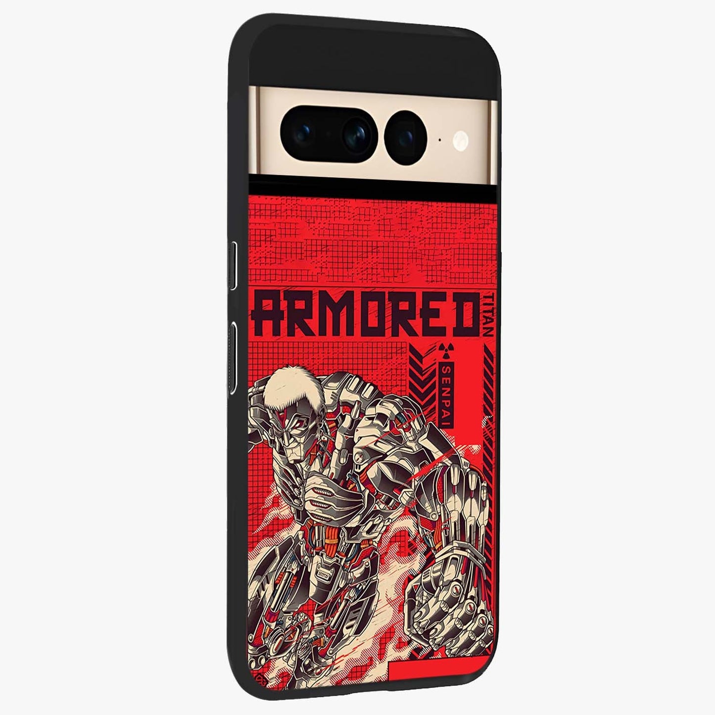 Crimson Mecha Titan Glass Case upright view showcasing dynamic robotic titan design with sci-fi inspired theme.
