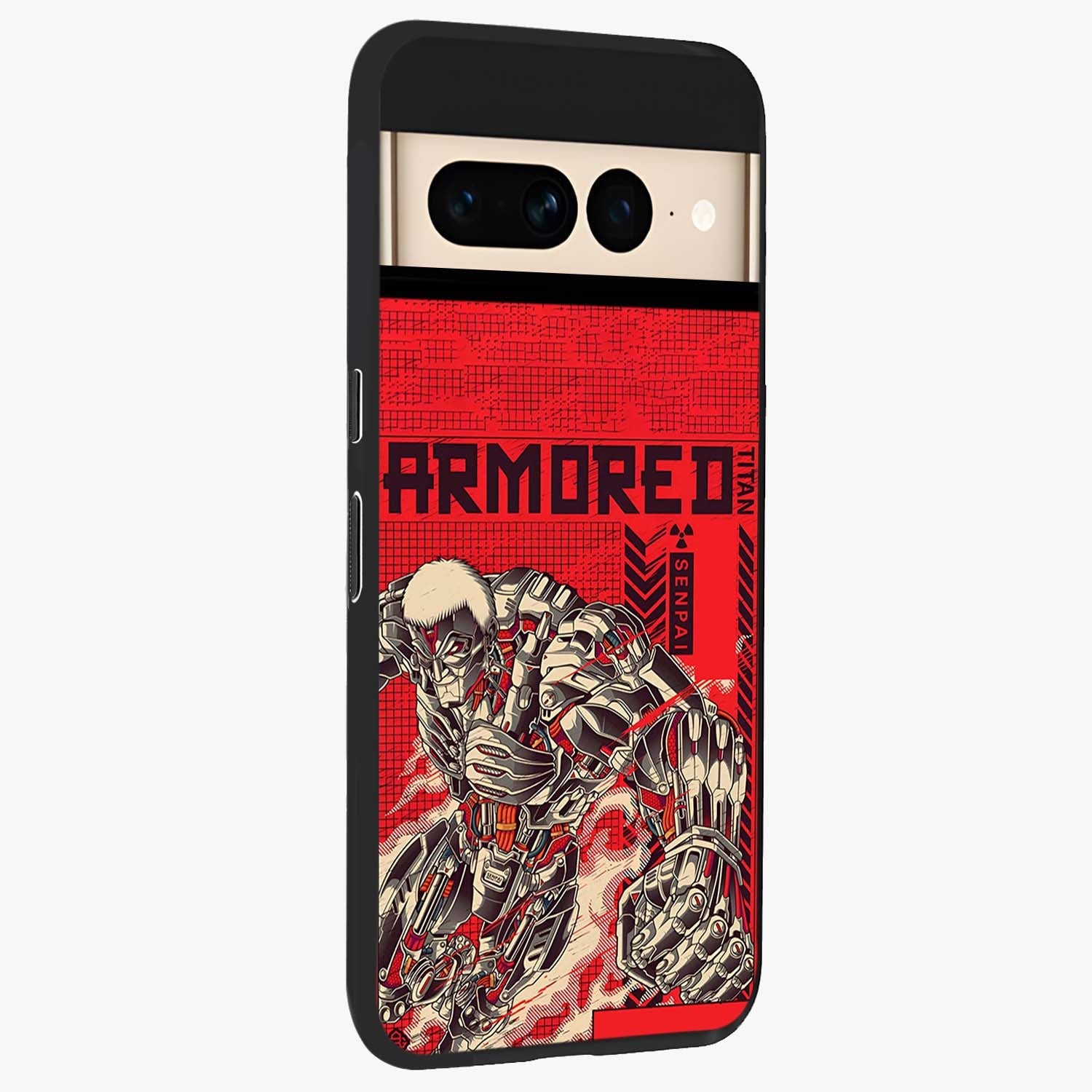Crimson Mecha Titan Glass Case upright view showcasing dynamic robotic titan design with sci-fi inspired theme.