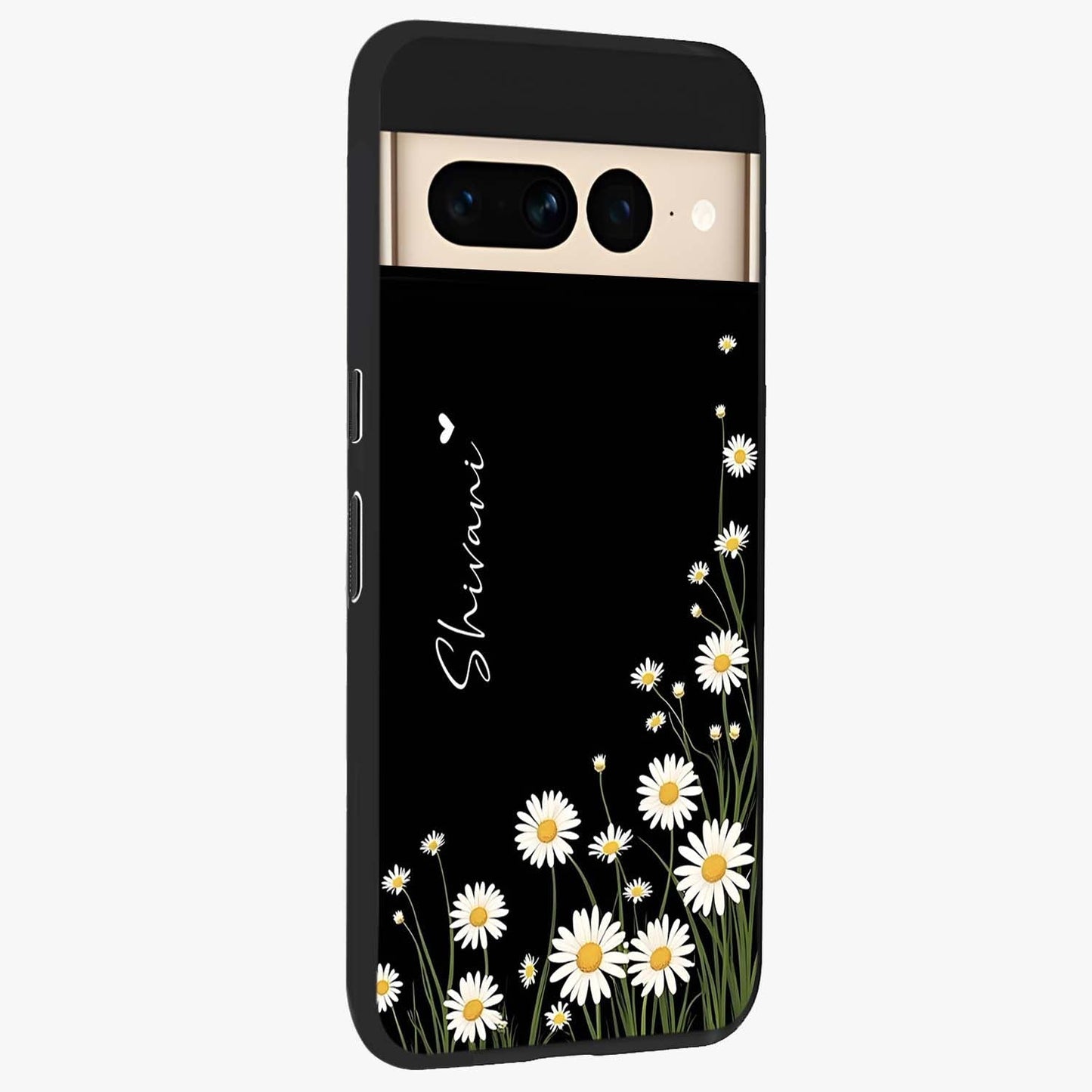 Daisy Cascade Custom Name Glass Case upright view showcasing elegant floral cascade design with personalized aesthetic.