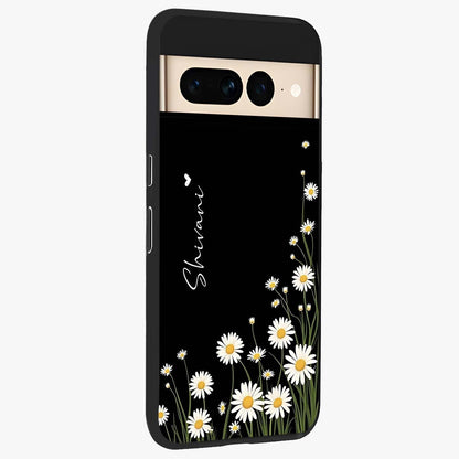 Daisy Cascade Custom Name Glass Case upright view showcasing elegant floral cascade design with personalized aesthetic.