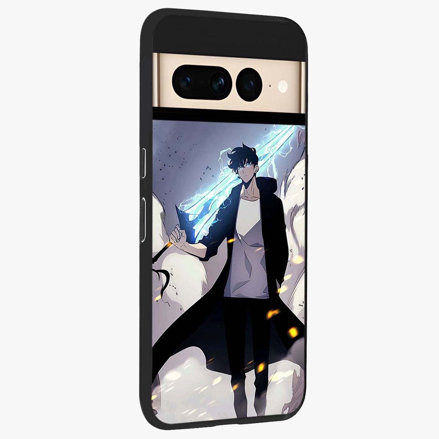 Dark Lightning Anime Warrior Glass Case upright view showcasing dramatic warrior artwork with dark lightning aesthetic.